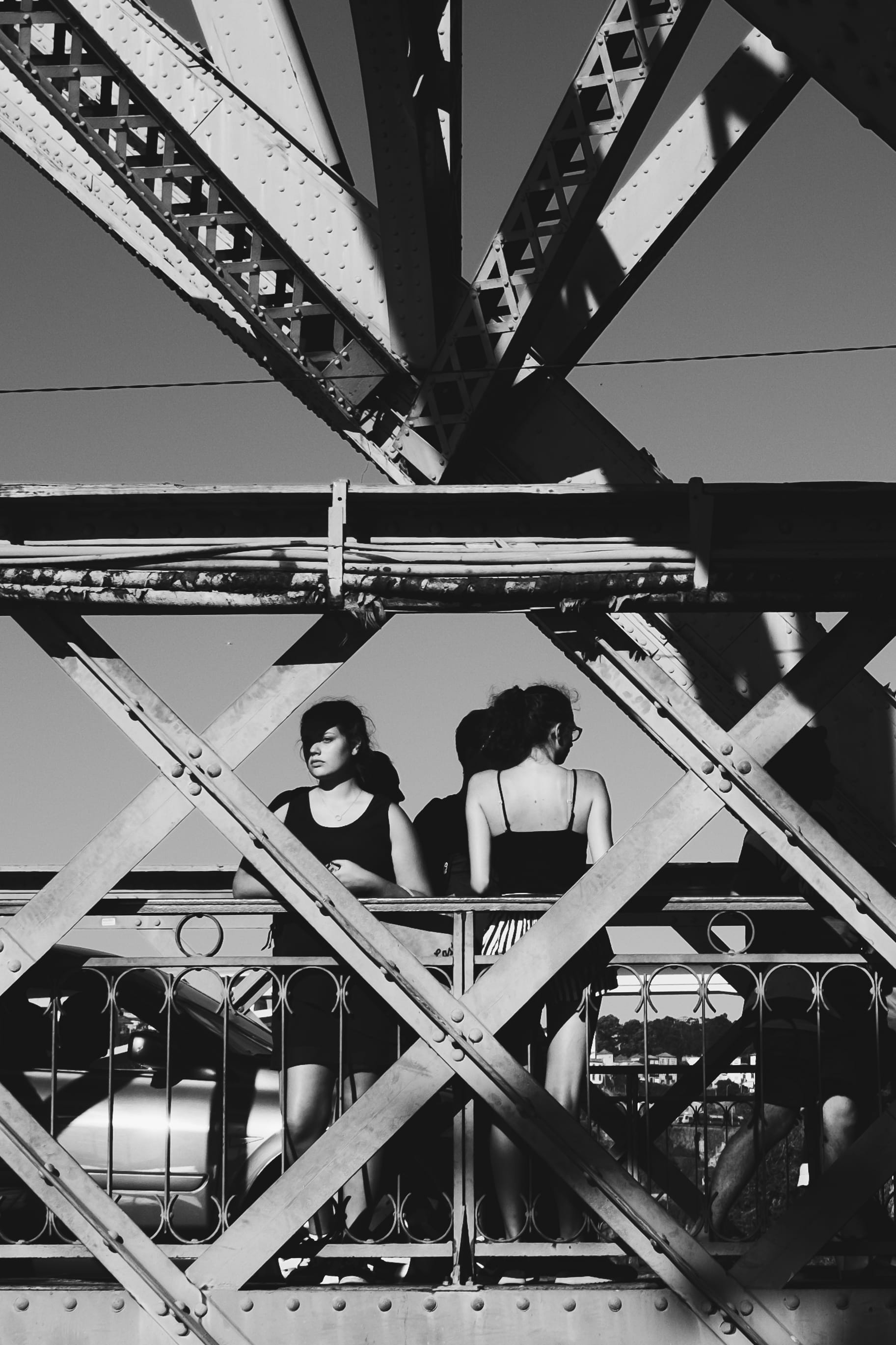 bridge, woman, iron, leisure activity, adult, vehicle, real people, group of people, steel, men, low angle view, connection, black and white, standing, Phone HD Wallpaper