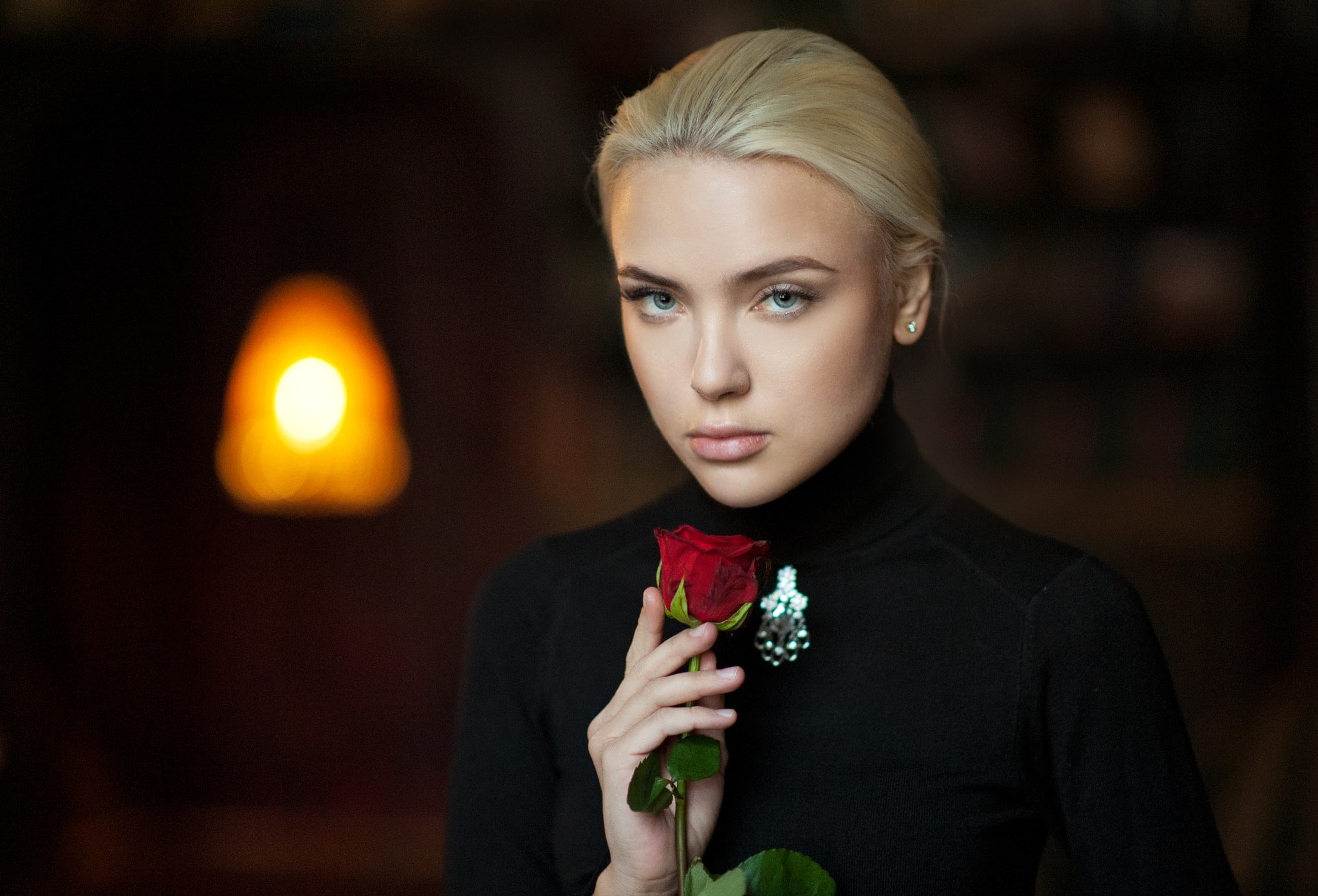 face, women, depth of field, Alena Polyakova, Maxim Maximov, rose, portrait, blonde, 1080P, HD Wallpaper