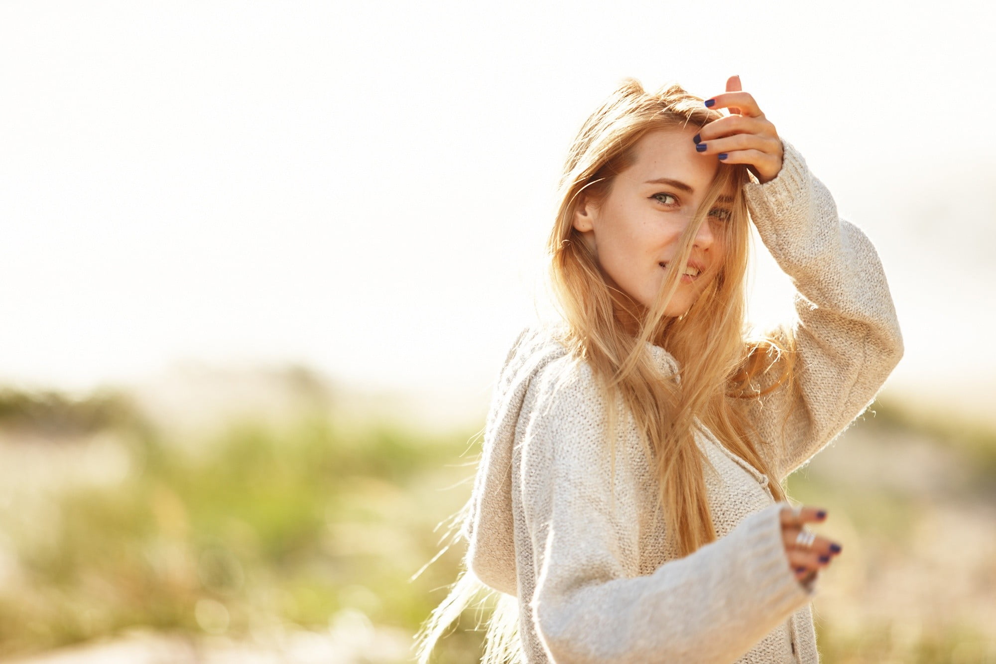 emotion, enjoyment, blond hair, contemplation, freedom, young adult, portrait, happiness, white sweater, human limb, 1080P, one person, blue eyes, blonde, HD Wallpaper