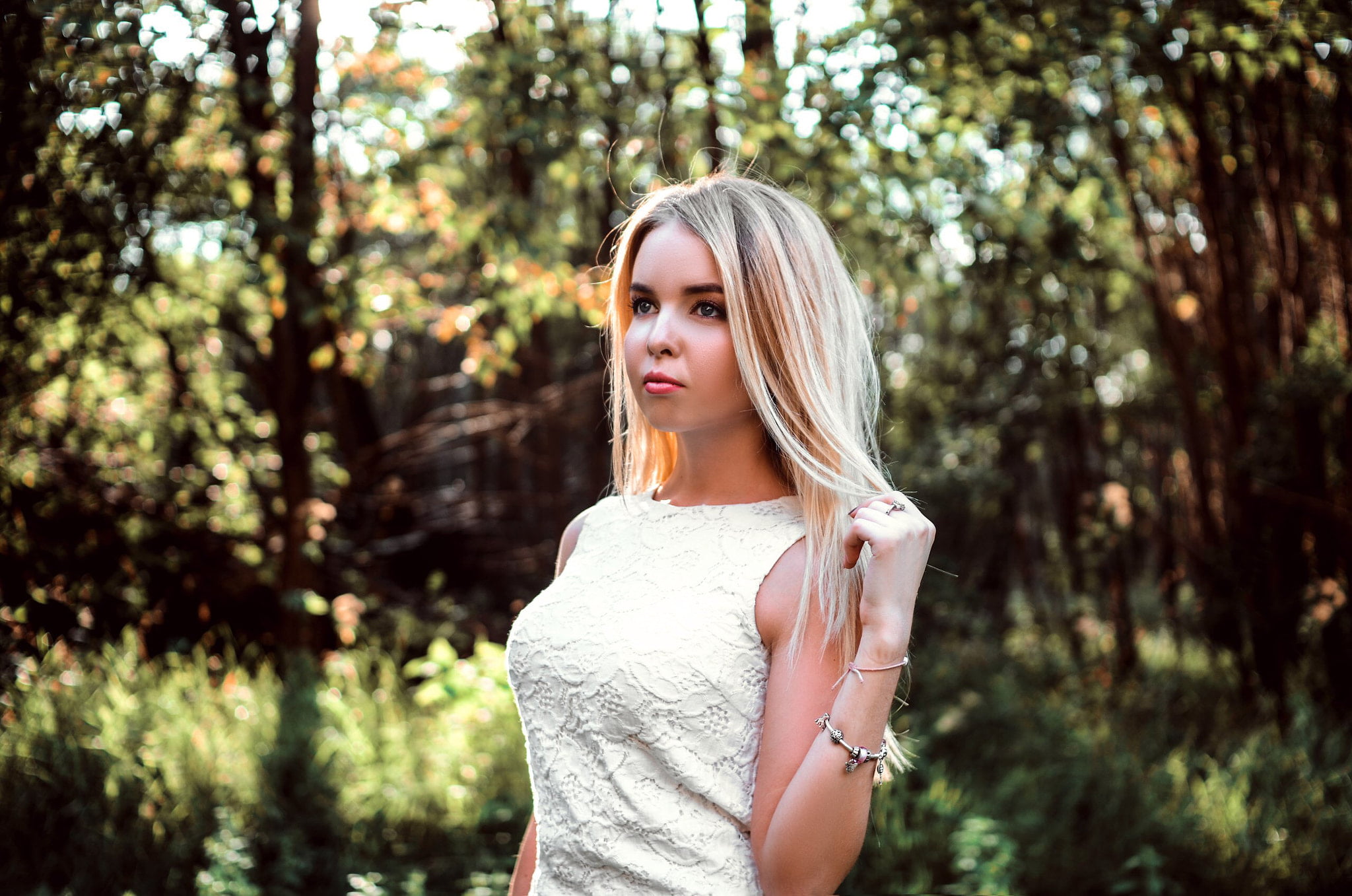 white dress, forest, women, portrait, 1080P, hairstyle, blond hair, one person, lifestyles, long hair, adult, blonde, outdoors, bokeh, hands in hair, beautiful woman, HD Wallpaper
