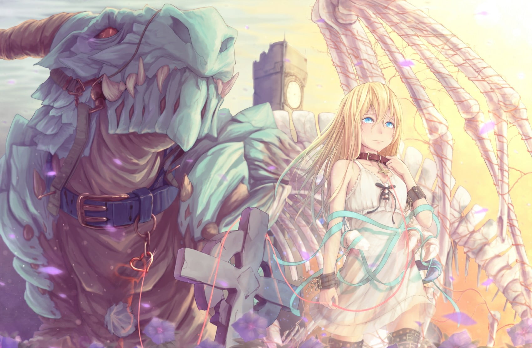 outdoors, day, blue eyes, representation, statue, dress, monster, no people, original characters, dragon, anime, digital, girl, multi colored, blonde, female likeness, HD Wallpaper