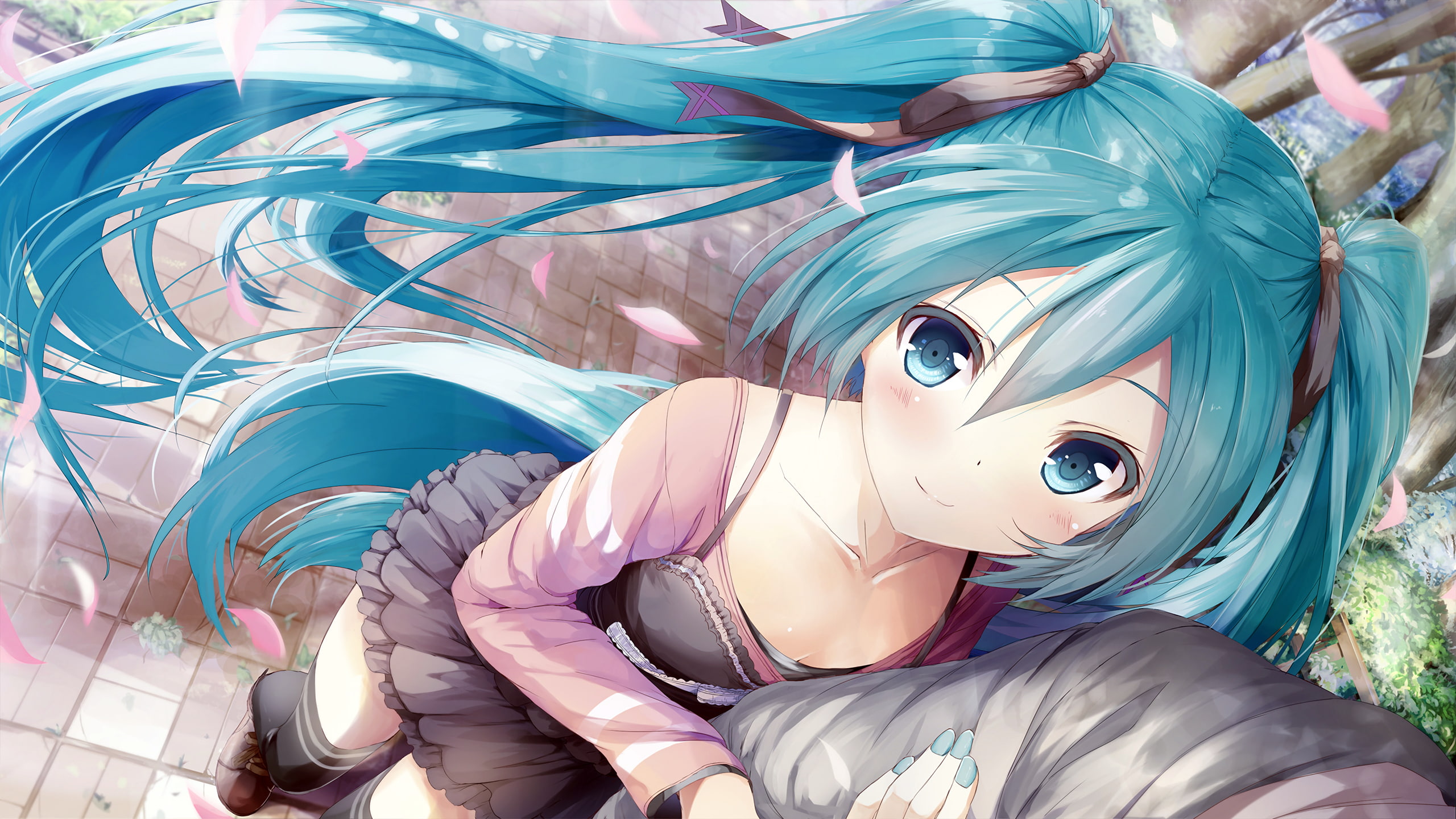2K, black stockings, Hatsune Miku, anime, blue hair, anime girls, fan art, casual, white skin, blue eyes, HD Wallpaper