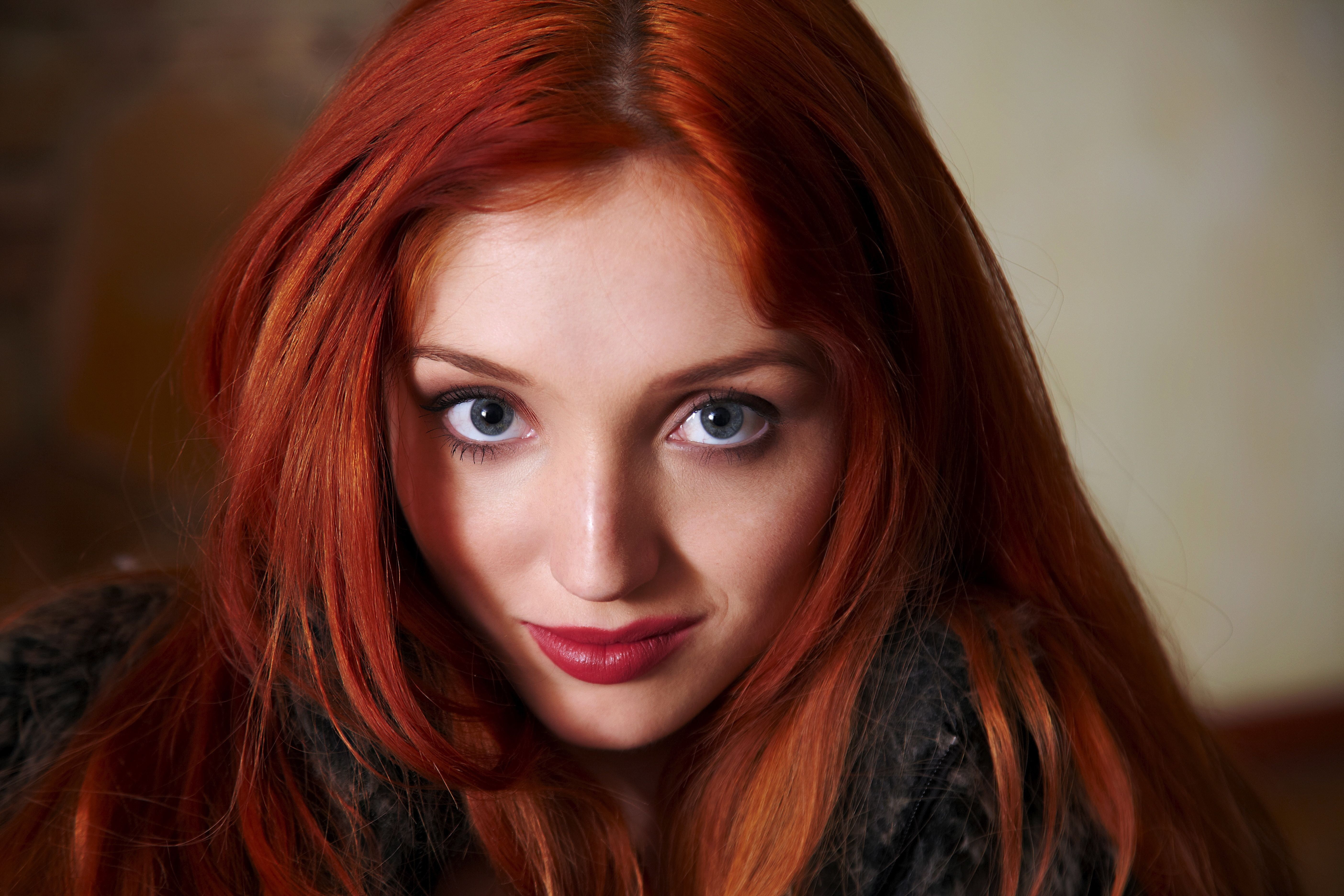 portrait, looking at viewer, black jackets, face, redhead, blue eyes, 5K, women, long hair, Michelle H. Paghie, HD Wallpaper