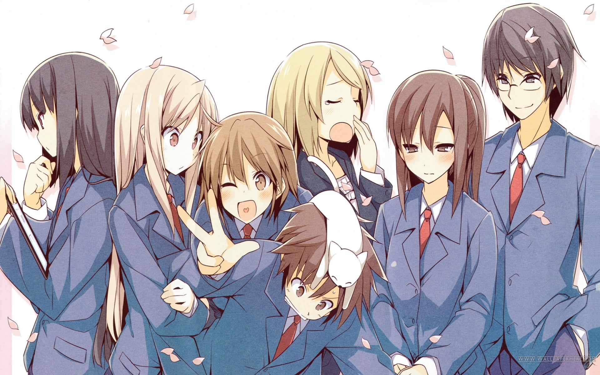 characters, men, Shiina Mashiro, real people, indoors, anime, Akasaka Ryounosuke, teenage boys, human representation, Kamiigusa Misaki, Aoyama Nanami, boys, HD Wallpaper