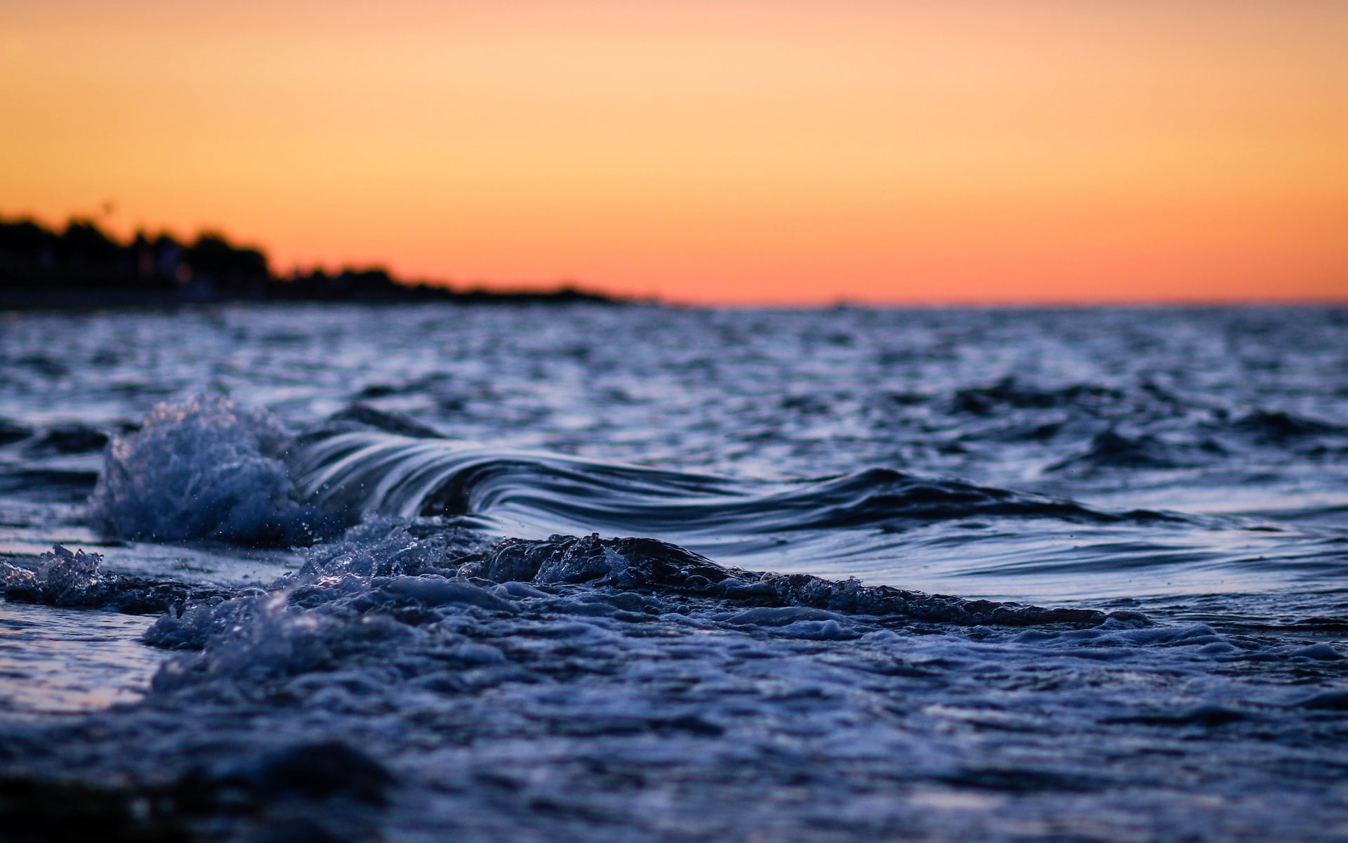 orange color, water, waves, sky, nature, motion, wave, dusk, landscape, idyllic, horizon, 1080P, no people, beach, tranquility, surface level, tilt, horizon over water, HD Wallpaper