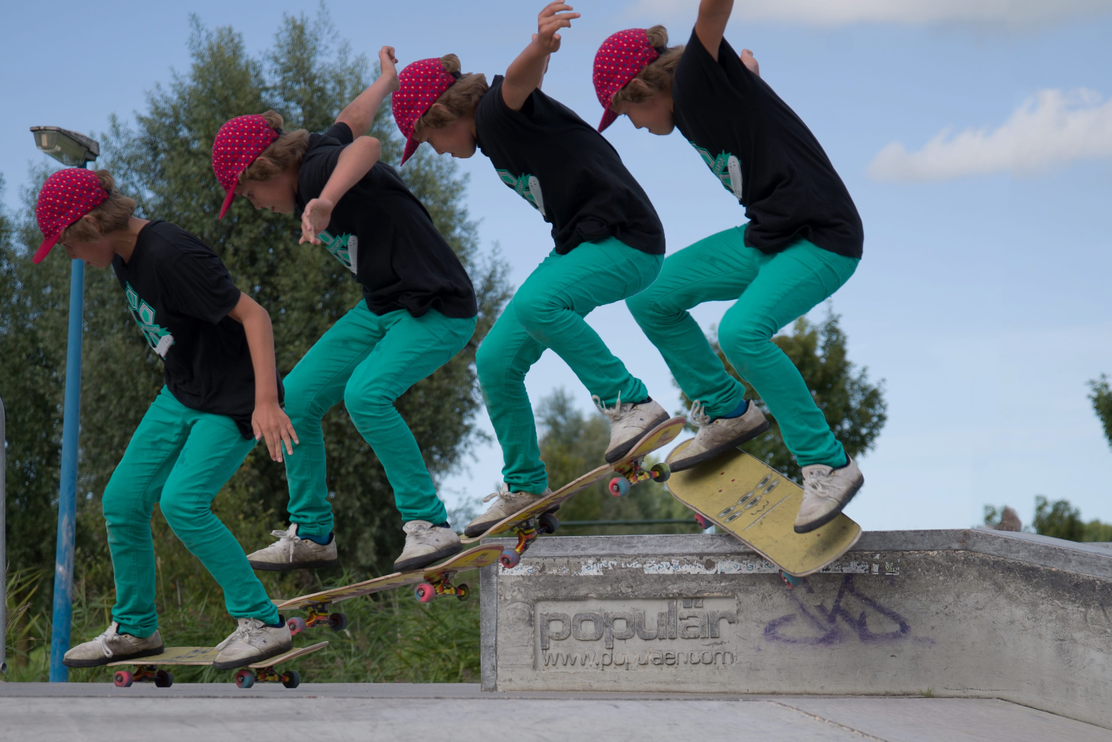 arts culture and entertainment, trick photography, arms raised, trick, culture, women, skateboarder, outdoor, sneakers, togetherness, leisure activity, HD Wallpaper
