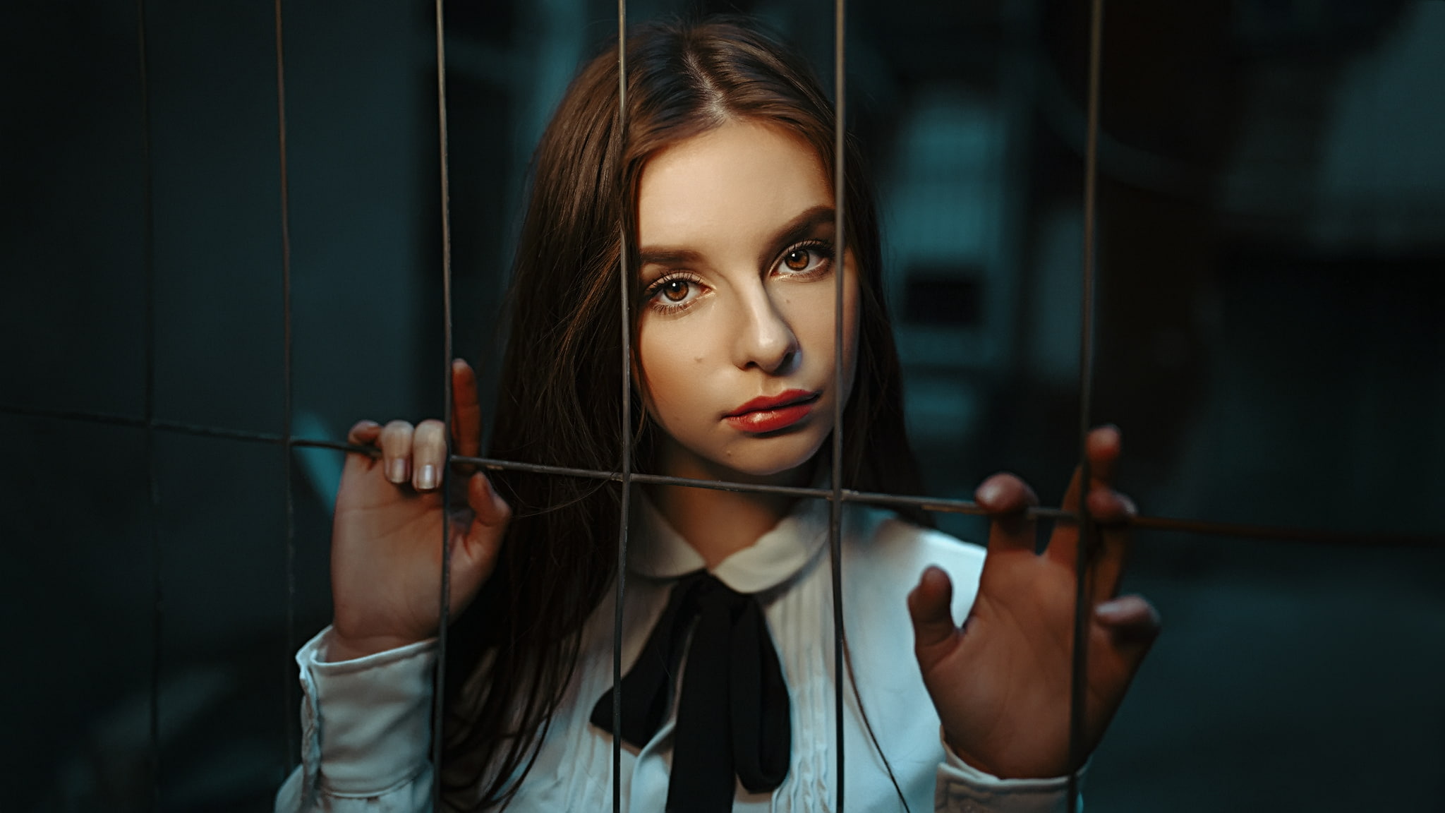 Victoria, long hair, portrait, brown eyes, Polish women, face, red lipstick, Damian Piórko, women, 1080P, HD Wallpaper