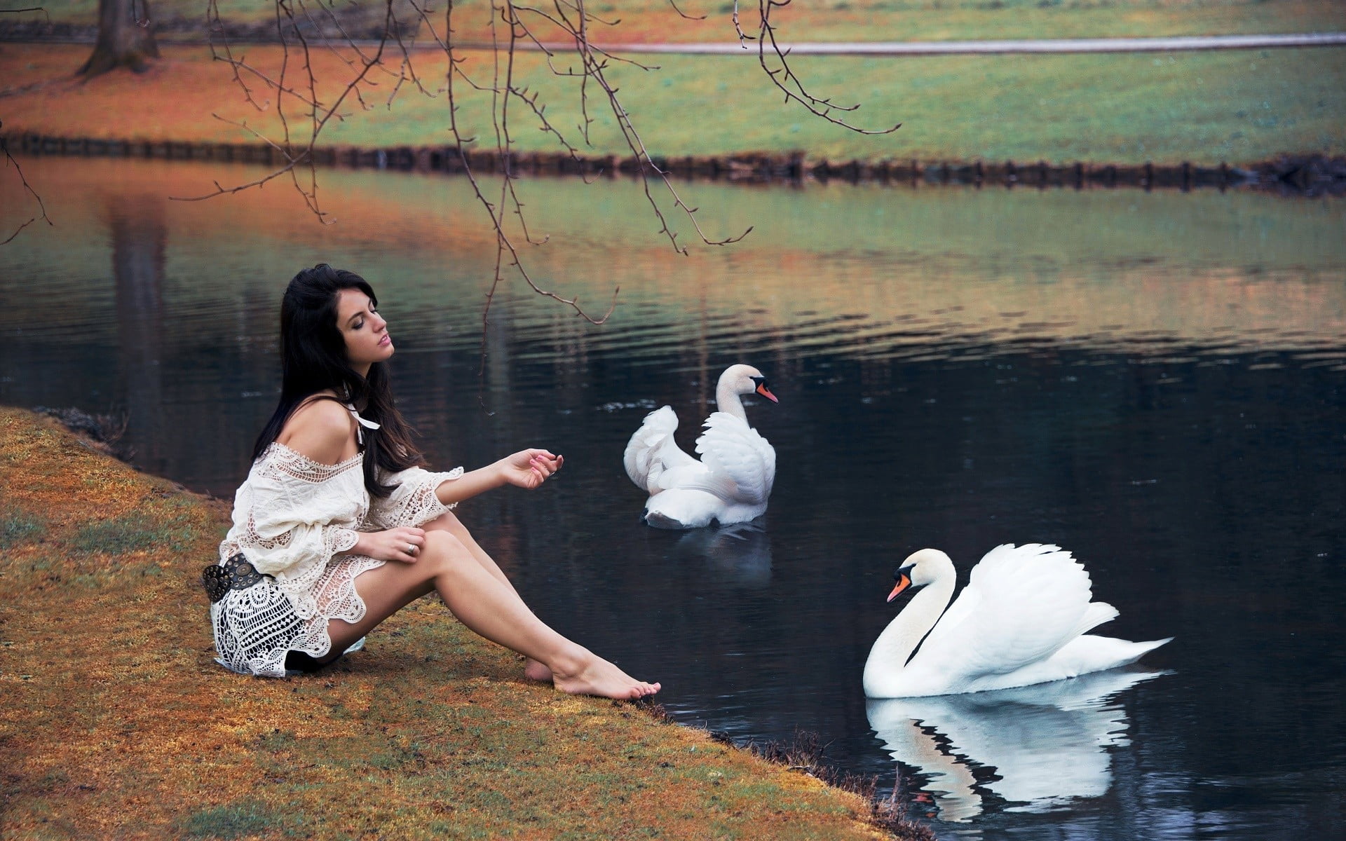 nature, sitting, group of animals, barefoot, women, swan, Aurela Skandaj, water, vertebrate, lake, water bird, young women, reflection, floating on water, HD Wallpaper