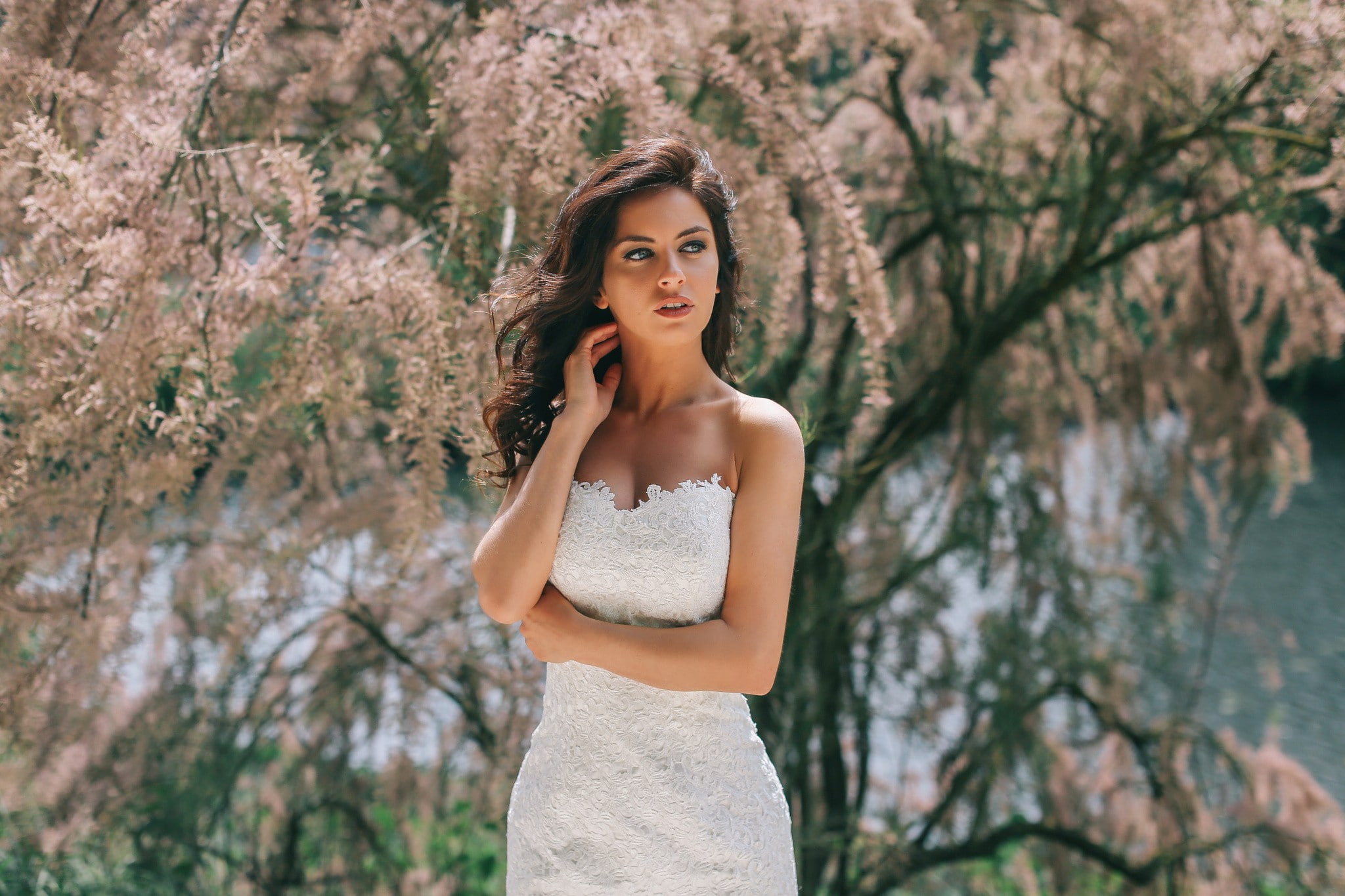 looking away, white dress, 1080P, women, portrait, model, Aurela Skandaj, HD Wallpaper