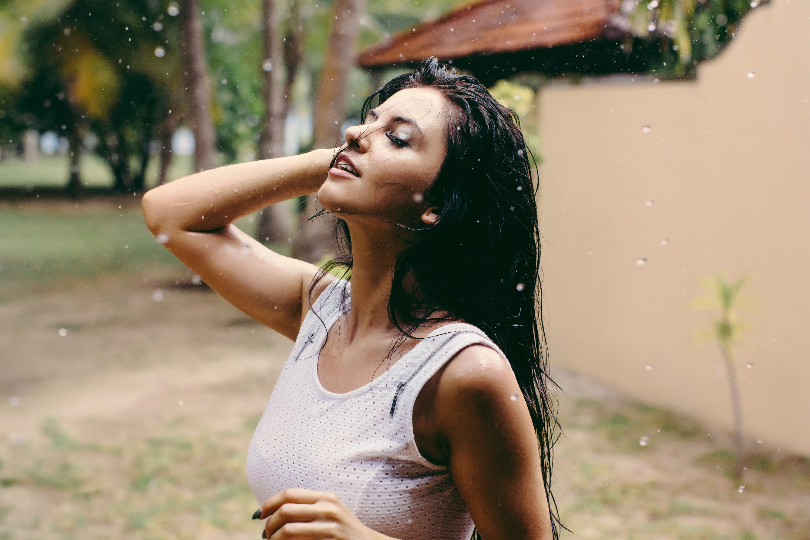 rain, Aurela Skandaj, brunette, model, 2K, white tops, wet hair, women, HD Wallpaper