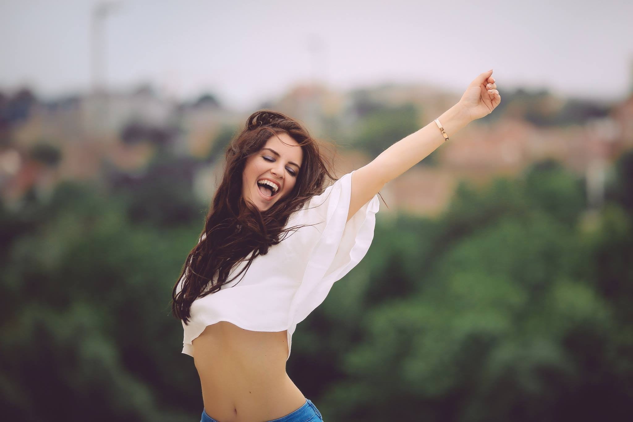 hairstyle, beauty, young adult, human arm, smiling, Aurela Skandaj, belly, freedom, white shirt, one person, beautiful woman, brown hair, body part, open mouth, HD Wallpaper