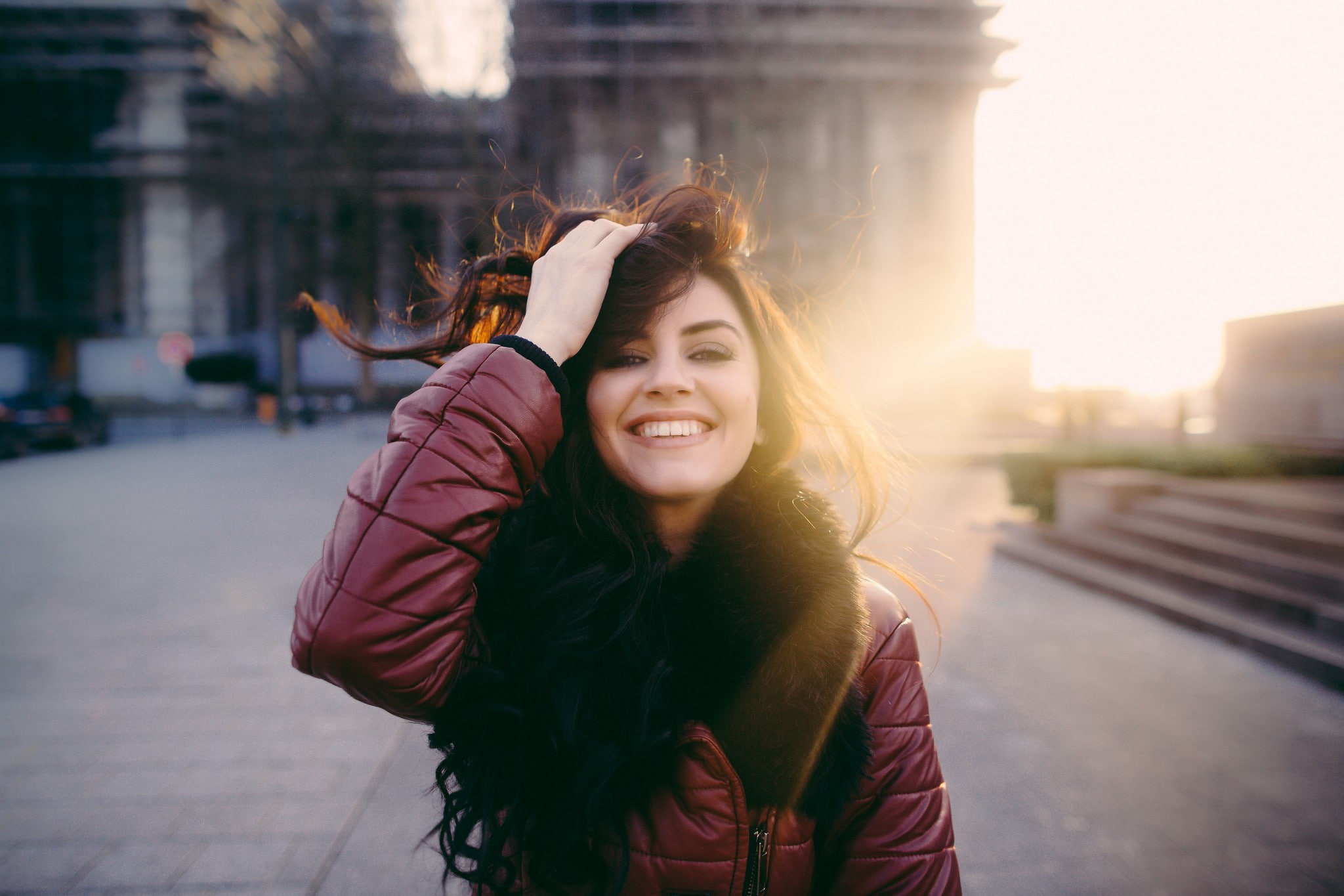 jacket, hands on head, portrait, Aurela Skandaj, women, happy, 1080P, model, red jackets, women outdoors, smiling, face, HD Wallpaper