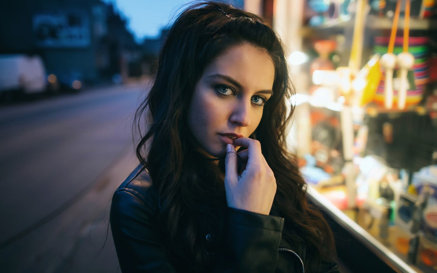 headshot, women, model, real people, finger in mouth, brunette, road, urban, hair, city, portrait, beauty, women outdoors, looking at viewer, young adult, HD Wallpaper