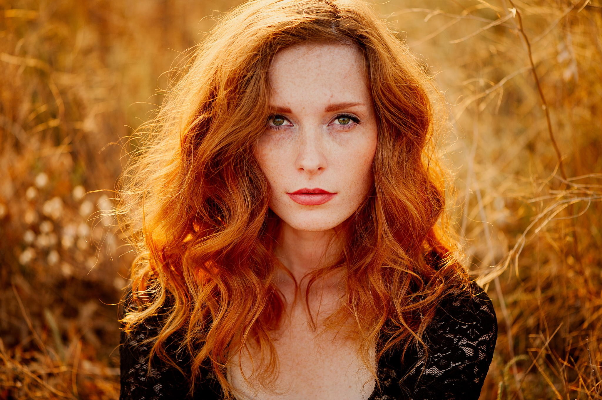 women, redhead, women outdoors, freckles, Ann Nevreva, face, 1080P, green eyes, plants, depth of field, HD Wallpaper
