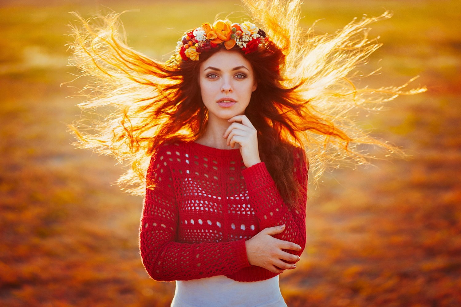 720P, looking at viewer, flower in hair, Ann Nevreva, women outdoors, women, windy, HD Wallpaper