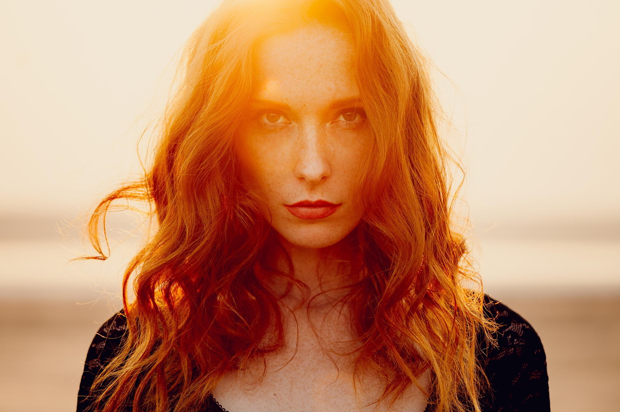 women, redhead, face, sunlight, 1080P, looking at viewer, Ann Nevreva, HD Wallpaper