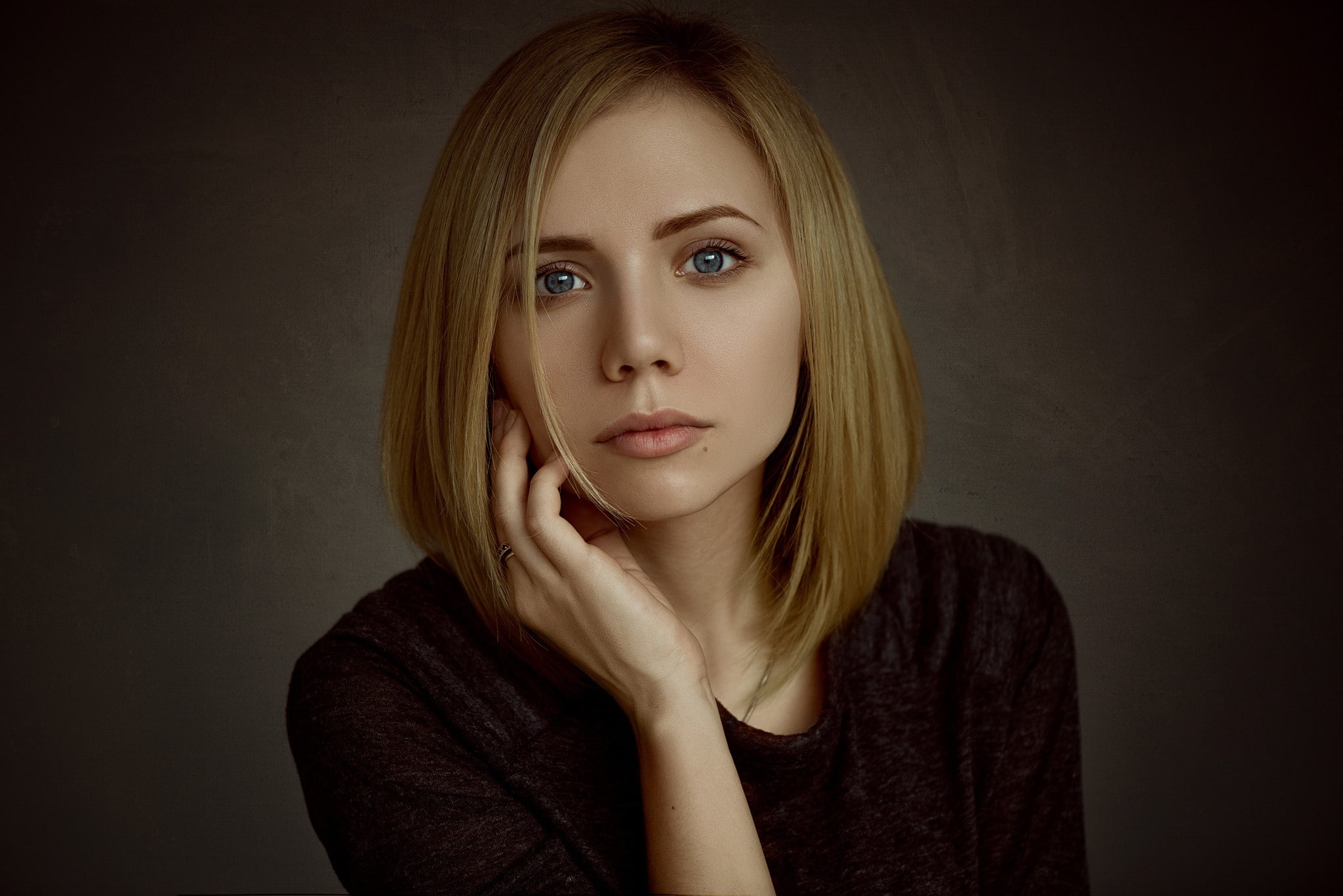 women, looking at viewer, blonde, blue eyes, portrait, face, 1080P, Ann Nevreva, model, HD Wallpaper