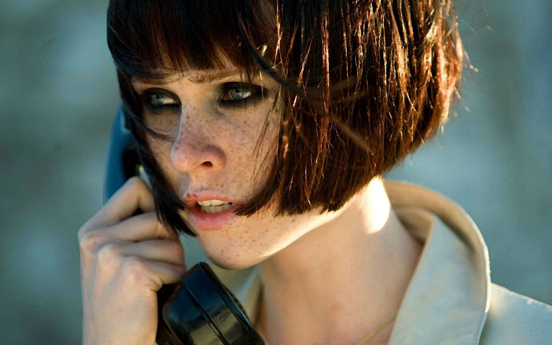 Natalya Rudakova, telephone, blue eyes, looking away, Transporter 3, 1080P, women, freckles, face, HD Wallpaper