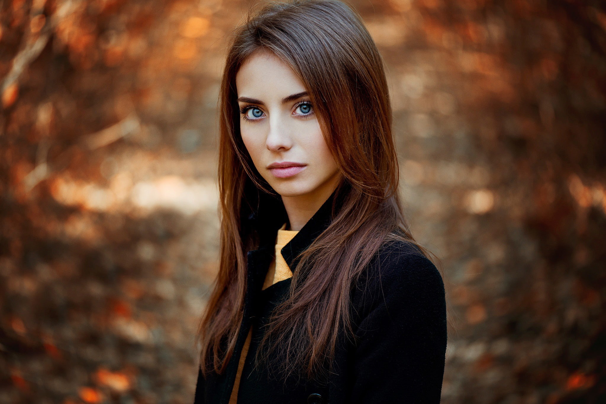 1080P, Ann Nevreva, women outdoors, blue eyes, long hair, women, face, fall, brown, brunette, portrait, depth of field, looking at viewer, redhead, Natalya, HD Wallpaper