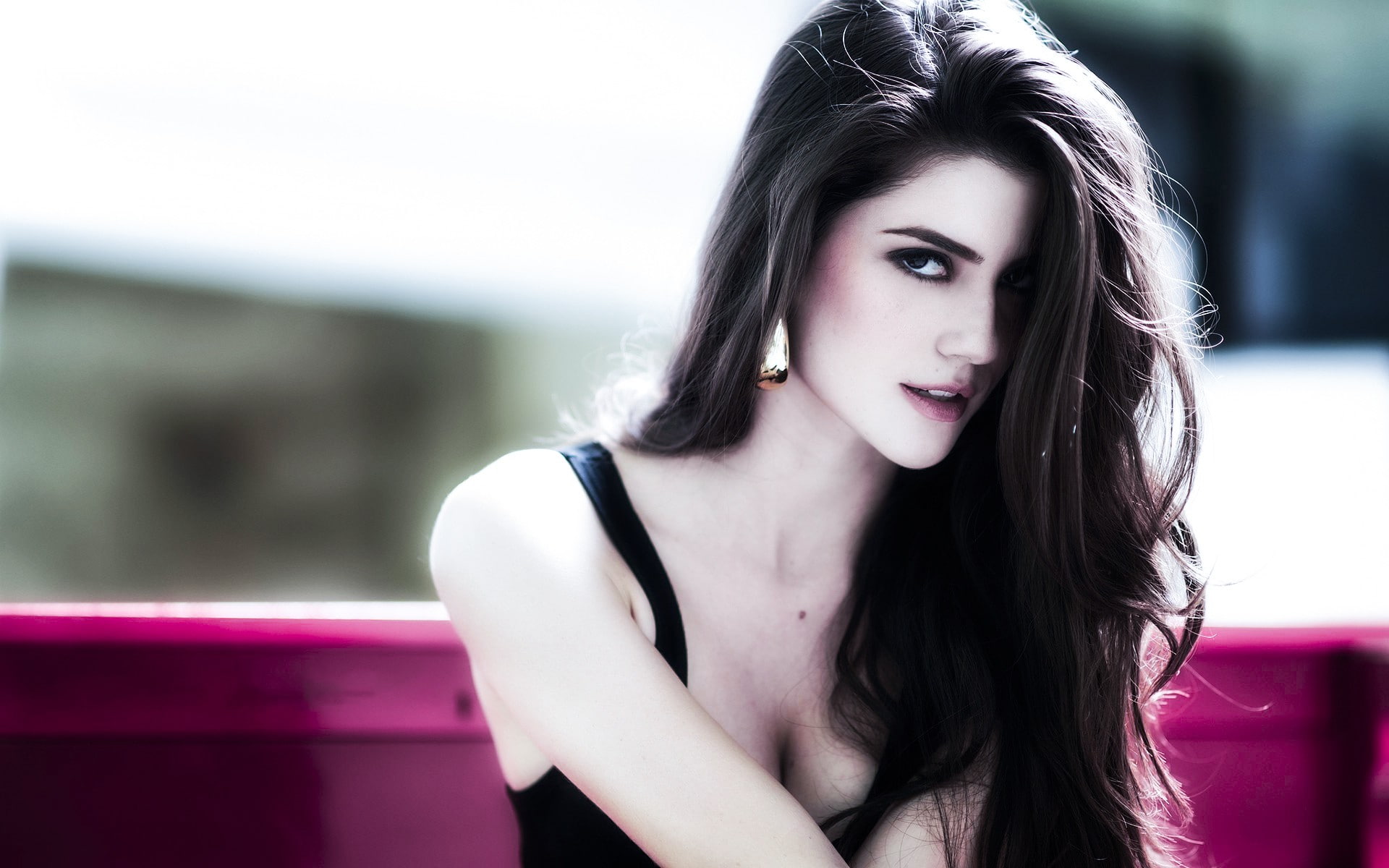 open mouth, Natalia Conteras, sensual gaze, Natalia Contreras, black dress, long hair, 1080P, women, looking at viewer, dark eyes, cleavage, model, brunette, HD Wallpaper