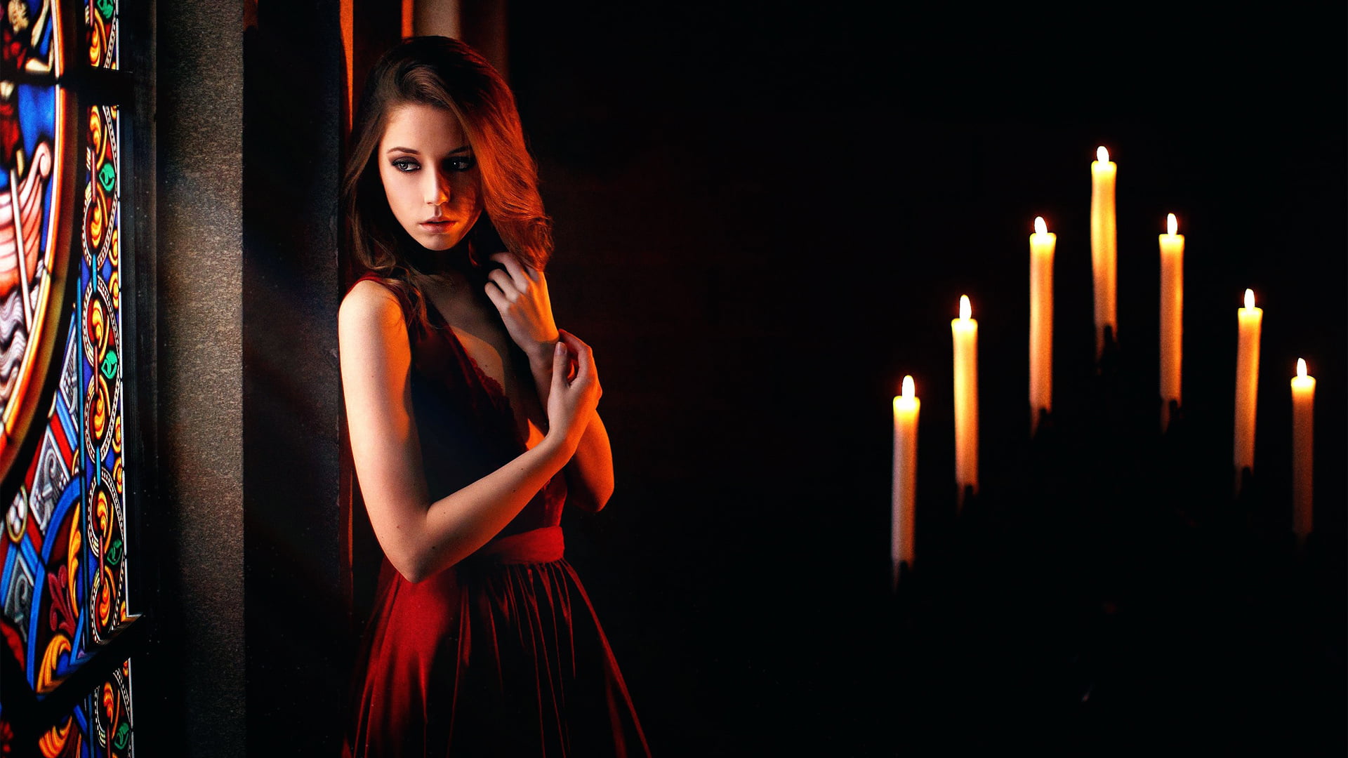 dress, long hair, beautiful woman, dark, one person, women, candle, hairstyle, clothing, 1080P, religion, photography, face, flame, Ksenia Kokoreva, burning, HD Wallpaper