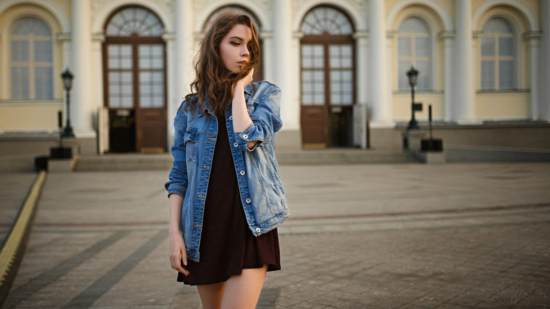 women outdoors, dress, denim, 1080P, women, portrait, Ksenia Kokoreva, HD Wallpaper