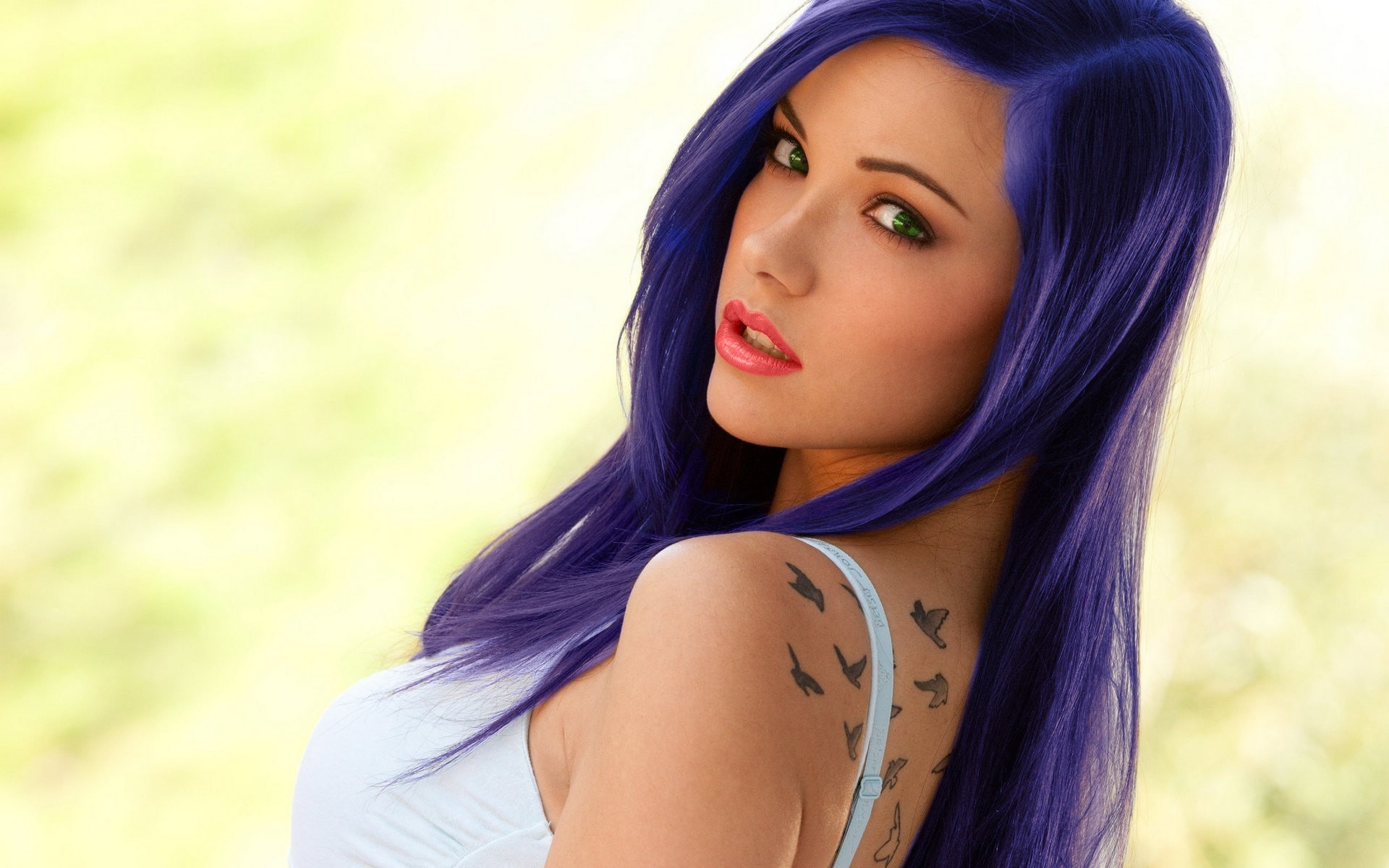1080P, violet, eyes, tattoo, photo manipulation, Elizabeth Marxs, dyed hair, HD Wallpaper