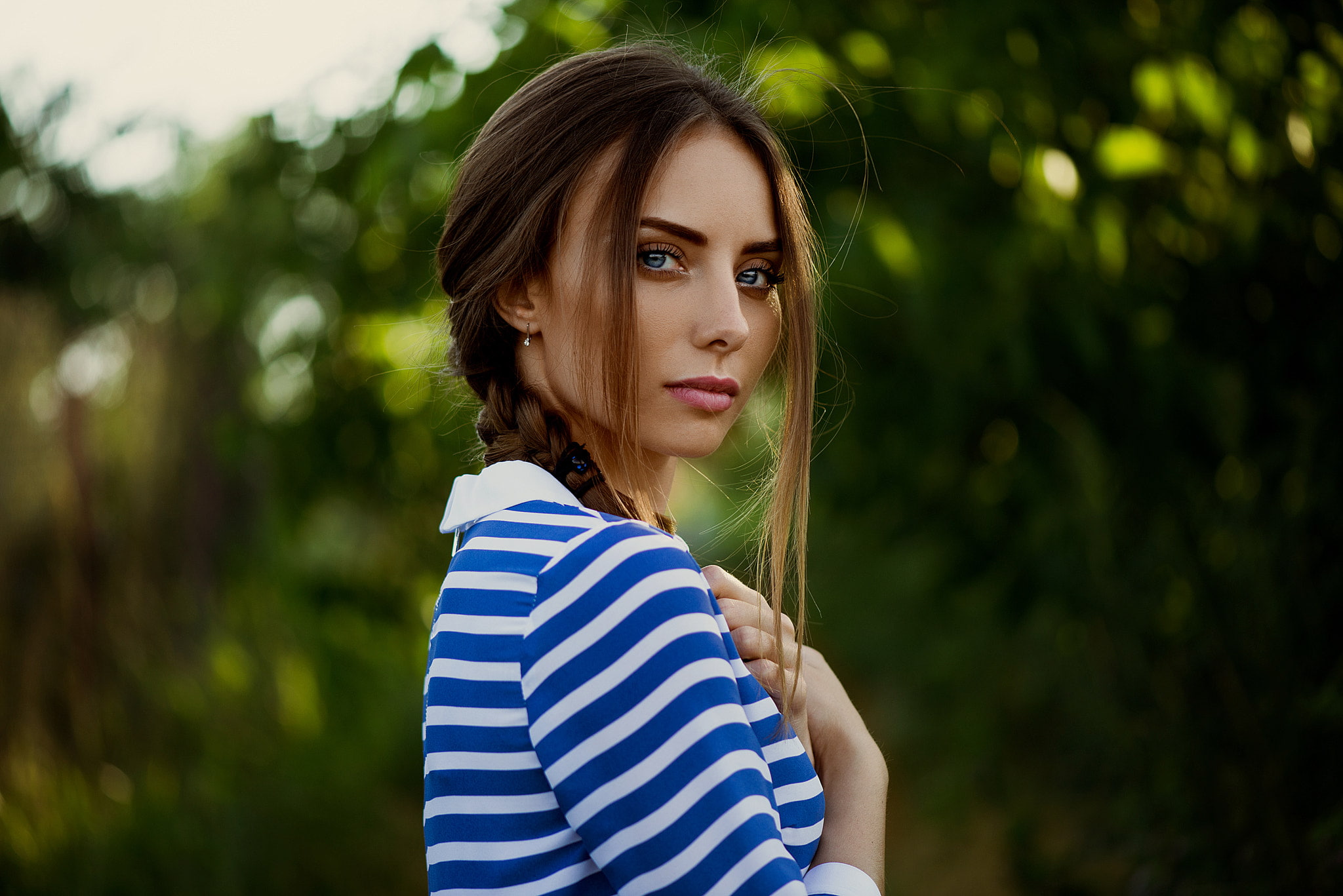 braids, face, blue eyes, blonde, women, Ann Nevreva, long hair, women outdoors, 1080P, Natalya, depth of field, model, looking at viewer, HD Wallpaper