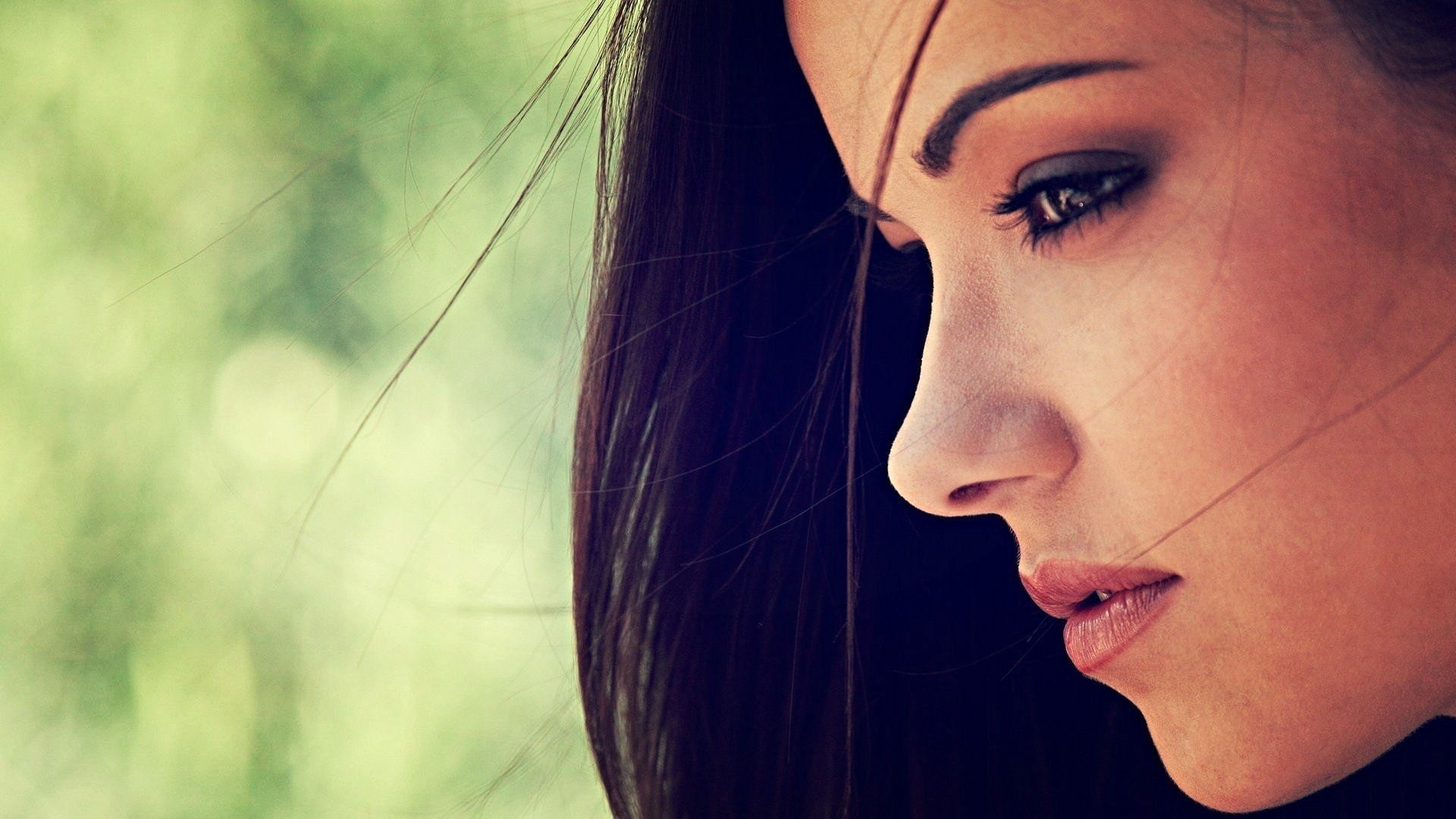 profile, makeup, eyes, long, brunettes, women, brown, elizabeth, 1080P, faces, depth, field, marx, hair, lips, HD Wallpaper