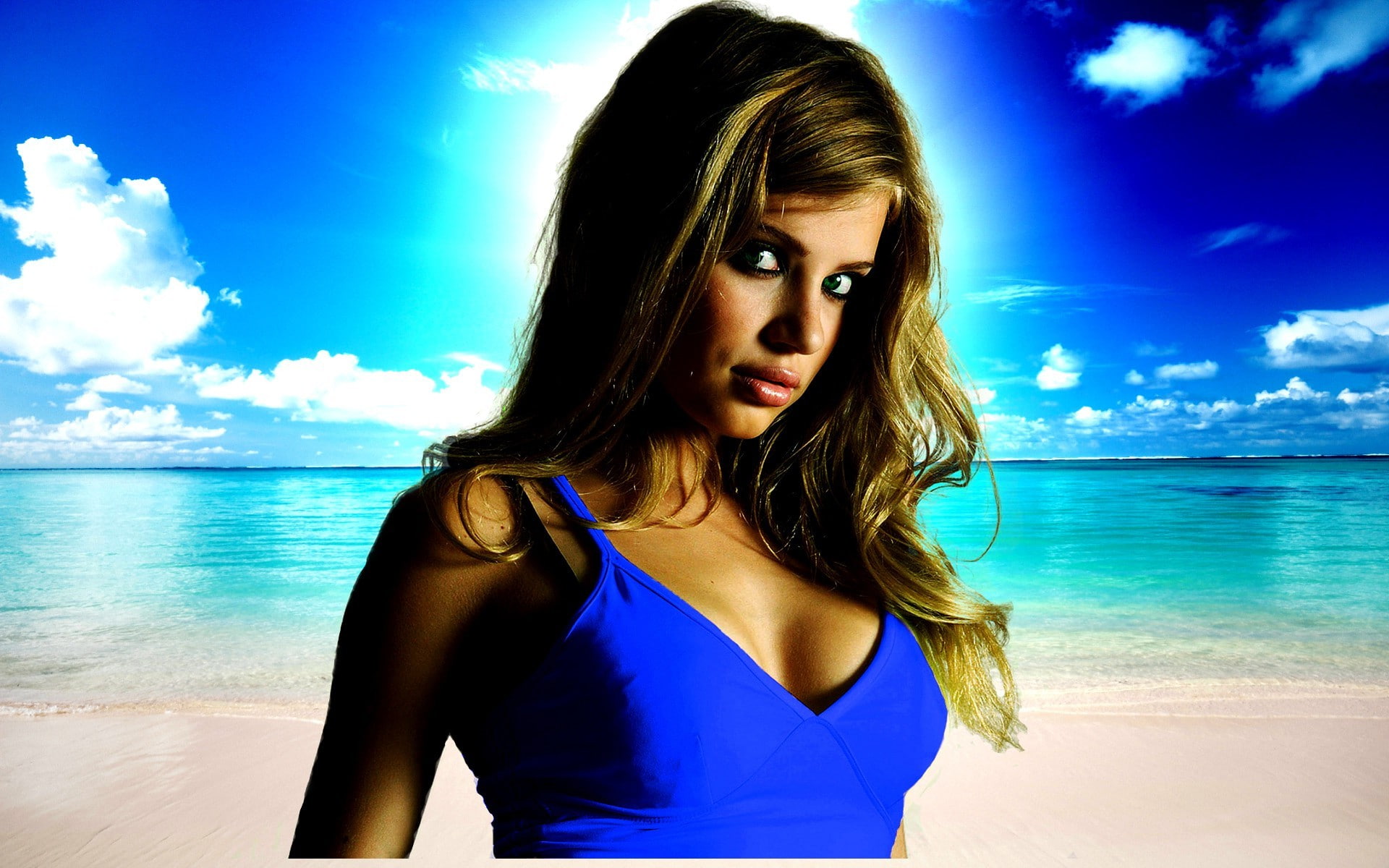 women, Xenia Tchoumitcheva, 1080P, Curvy Women, sea, beach, model, HD Wallpaper