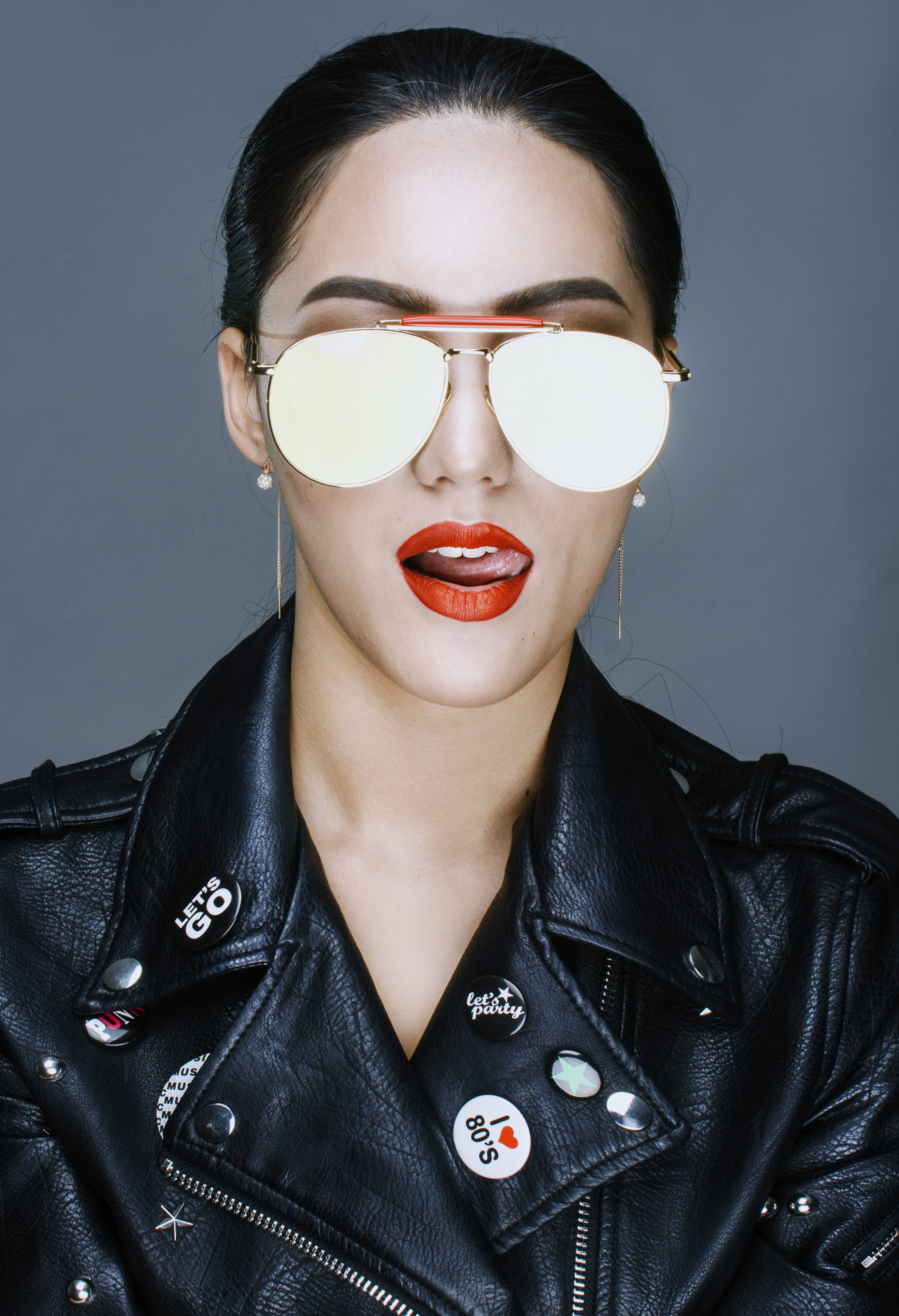 mouth open, front view, hairstyle, woman, fashion, make-up, leather jacket, one person, lips, indoors, licking, looking at camera, 5K, leather, human lips, Phone HD Wallpaper