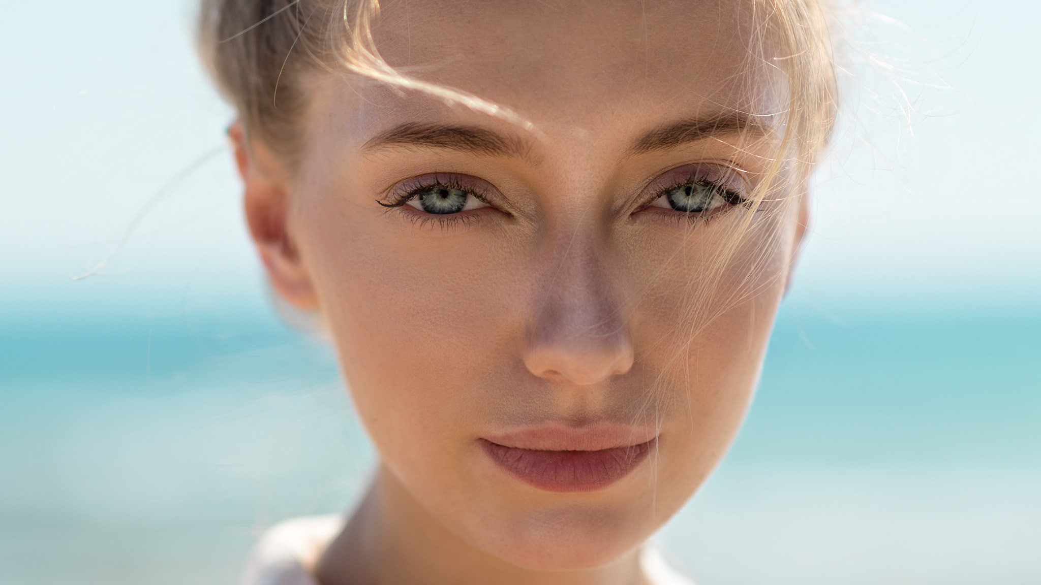looking at viewer, face, green eyes, 1080P, women, portrait, blonde, Mark Prinz, closeup, HD Wallpaper