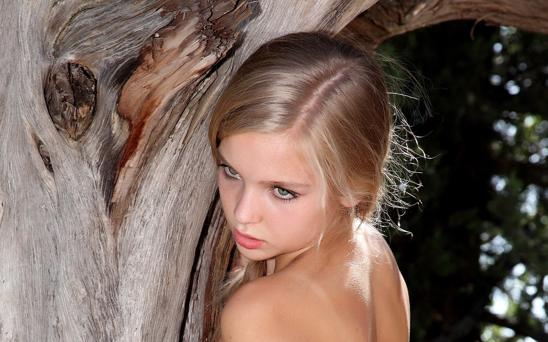 Sienna, nature, looking away, women, MPL Studios, 1080P, bare shoulders, long hair, model, tan lines, blonde, trees, face, HD Wallpaper