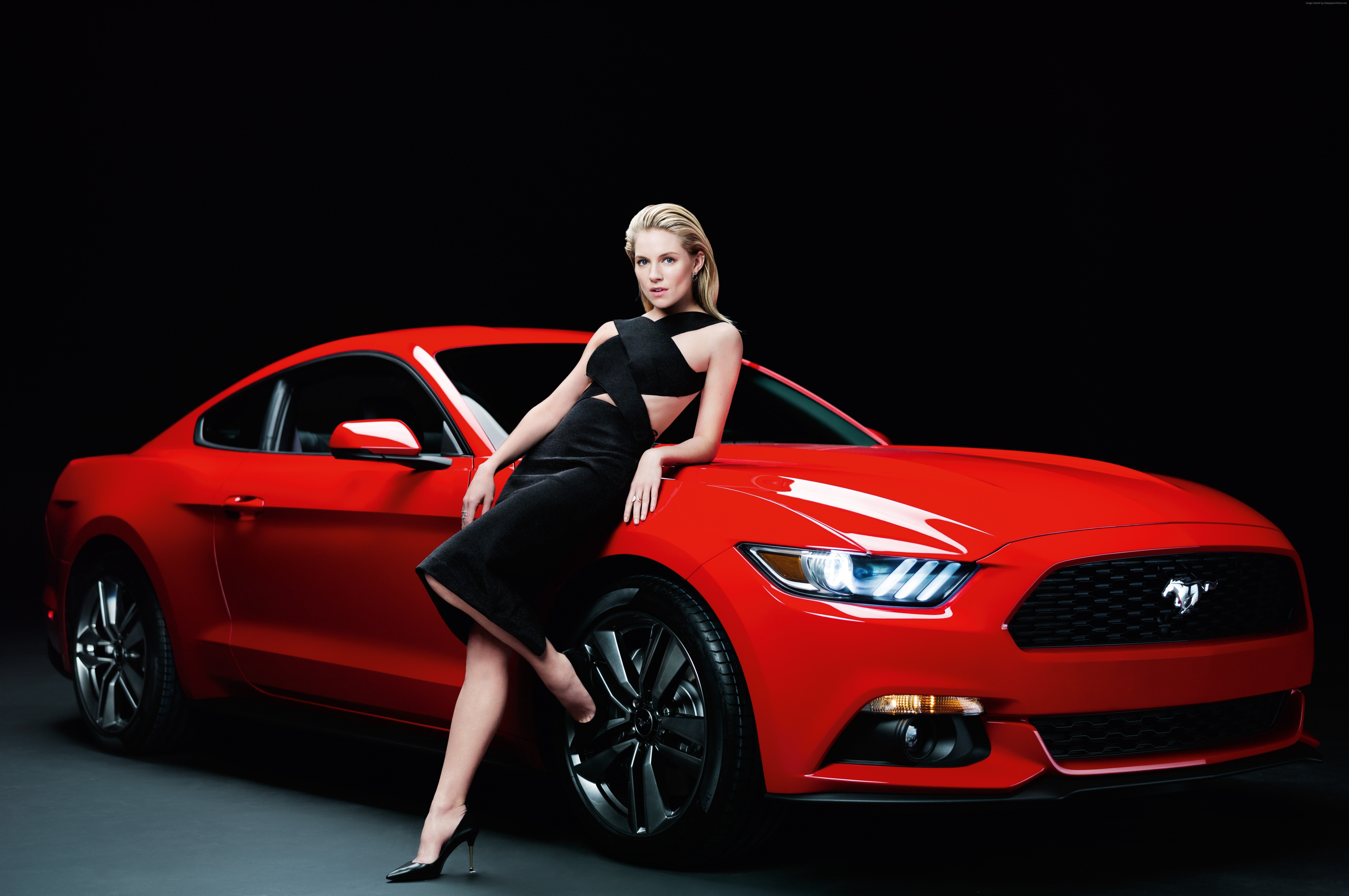 red, 5K, Ford Mustang, girl, Sienna Miller, coupe., HD Wallpaper