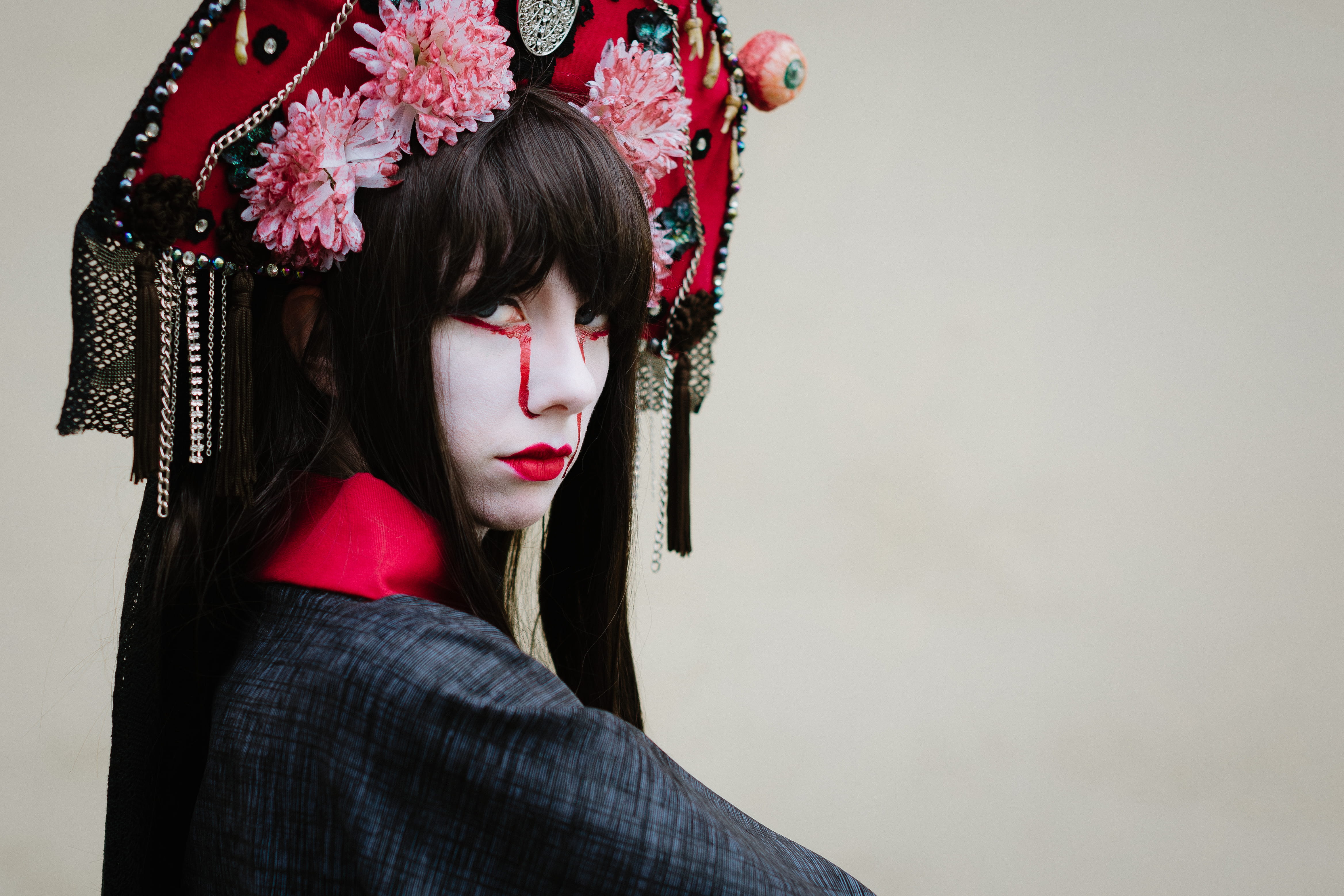 copy space, peforming art, person, headwear, right, looking at camera, headdress, young women, adult, fear, cosplay, looking, human face, japanese culture, HD Wallpaper