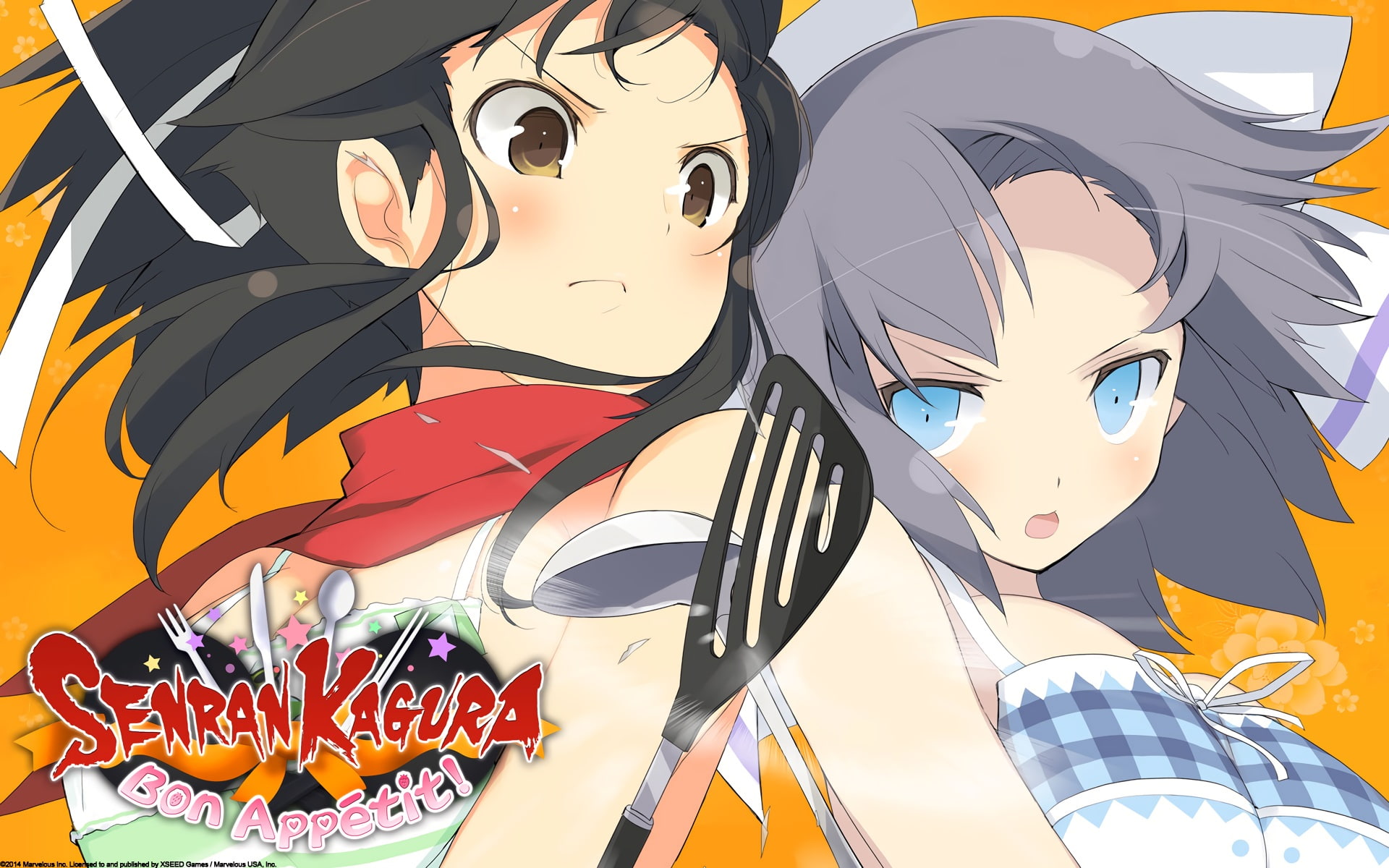 1080P, kagura, 253585, close, hair, tagme, apron, (senran, brown, (artist), short, konachan, com, 2girls, gray, black, aqua, kagura), scarf, senran, yumi, HD Wallpaper