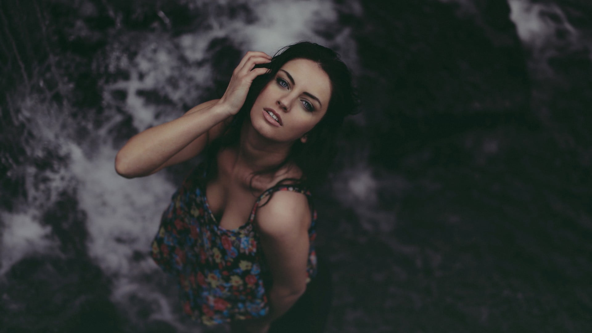 blue eyes, fashion Model, waterfall, black, woman, brown Hair, wet hair, Aurela Skandaj, brunette, adult, outdoors, open mouth, spaghetti, black Color, HD Wallpaper