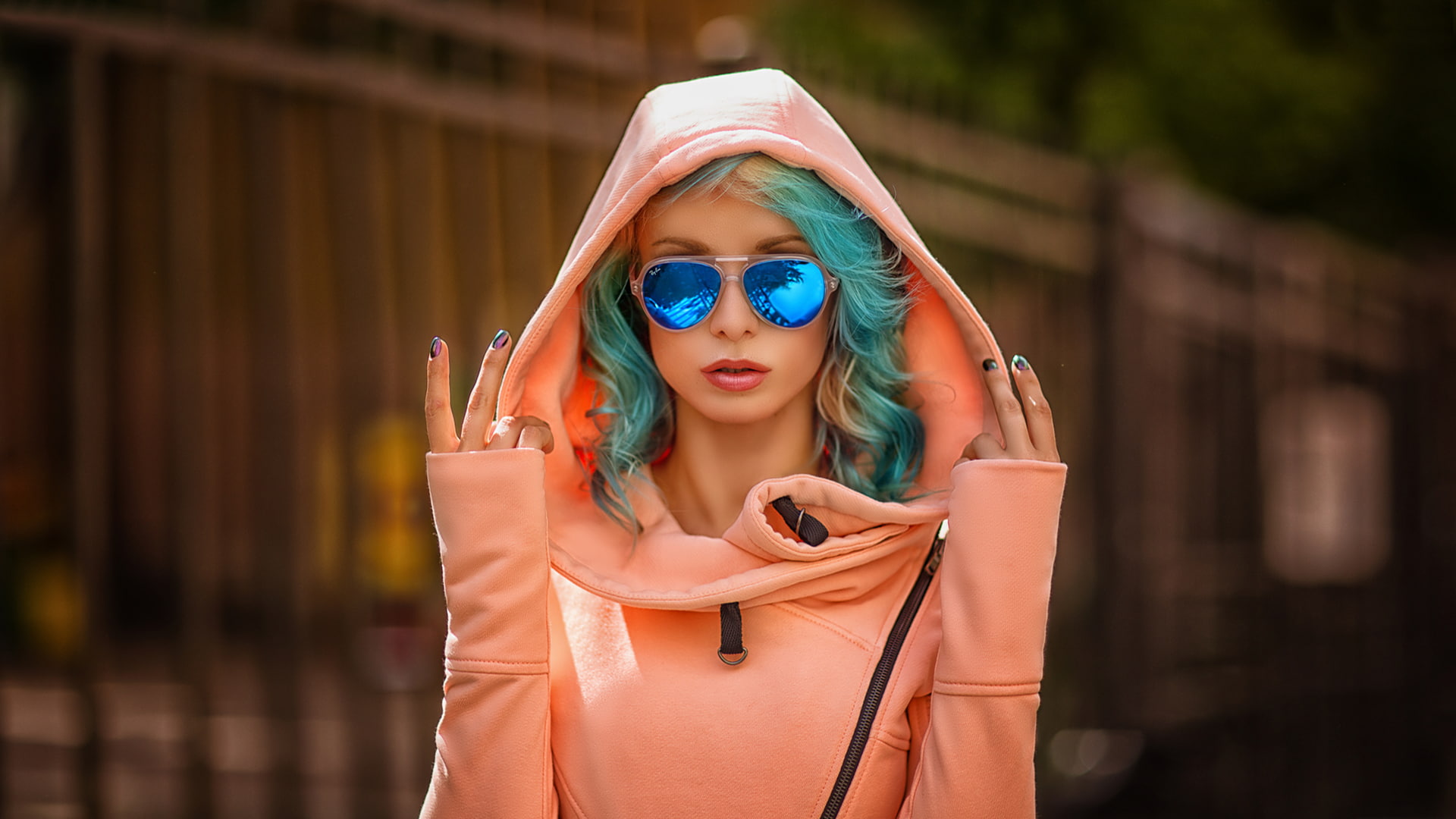 glasses, hoods, clothing, women, dyed hair, Ekaterina Enokaeva, adult, hair, real people, portrait, depth of field, focus on foreground, sweater, painted nails, HD Wallpaper