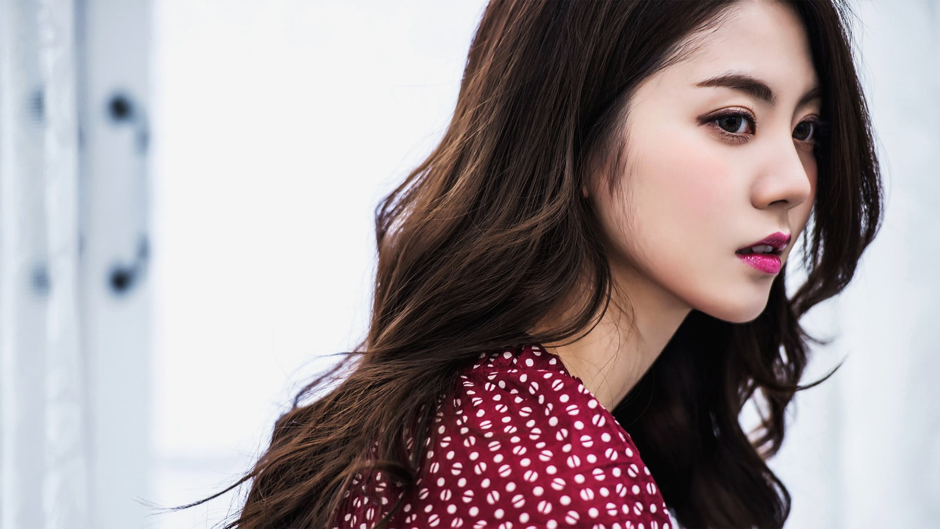 Chae Eun, one person, portrait, front view, body part, lipstick, adult, Asian, looking, young adult, long hair, looking away, contemplation, polka dot, HD Wallpaper