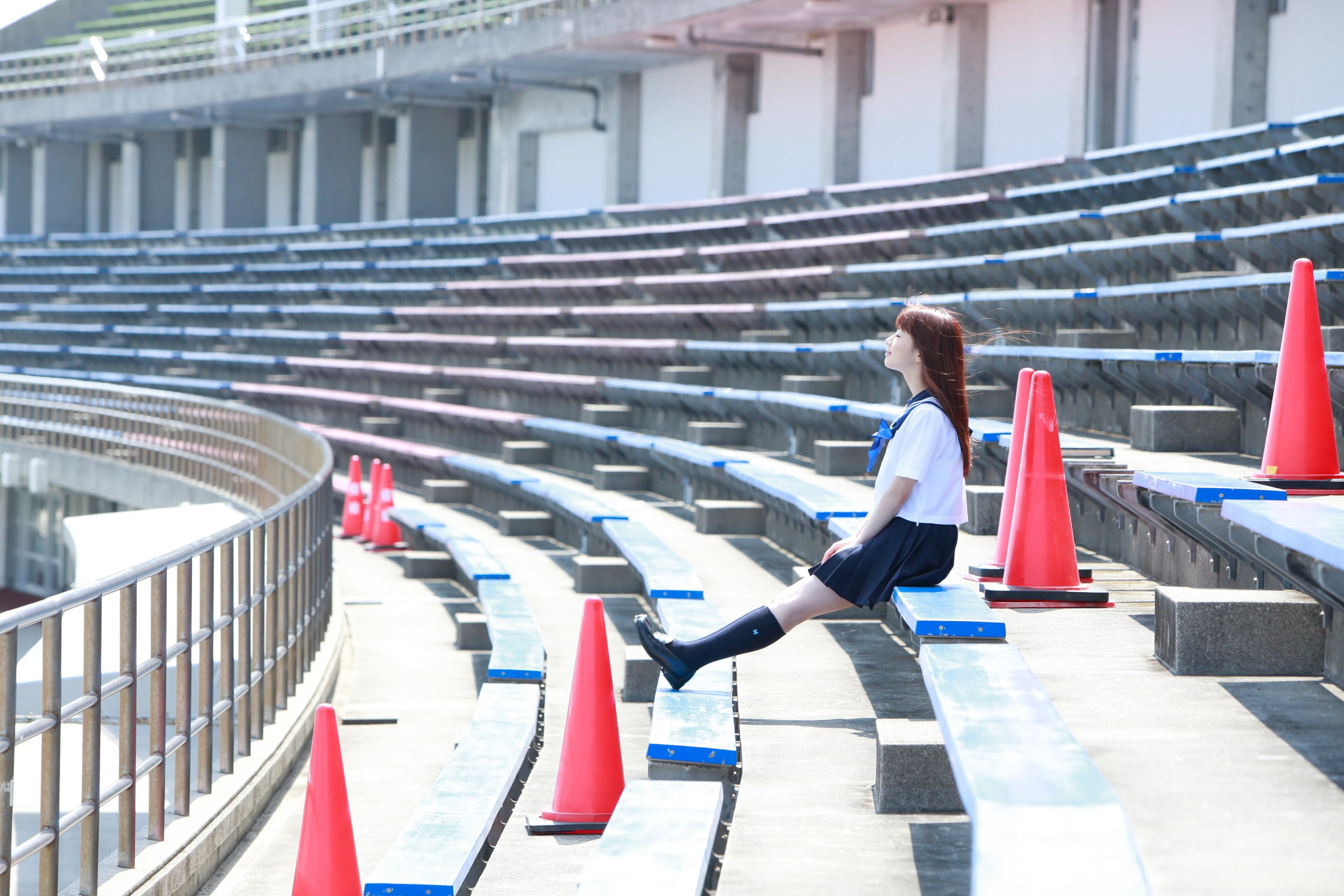 auburn hair, redhead, railing, school uniform, staircase, nature, real people, day, stadium, Morning Musume, leisure activity, built structure, Asian, lifestyles, HD Wallpaper