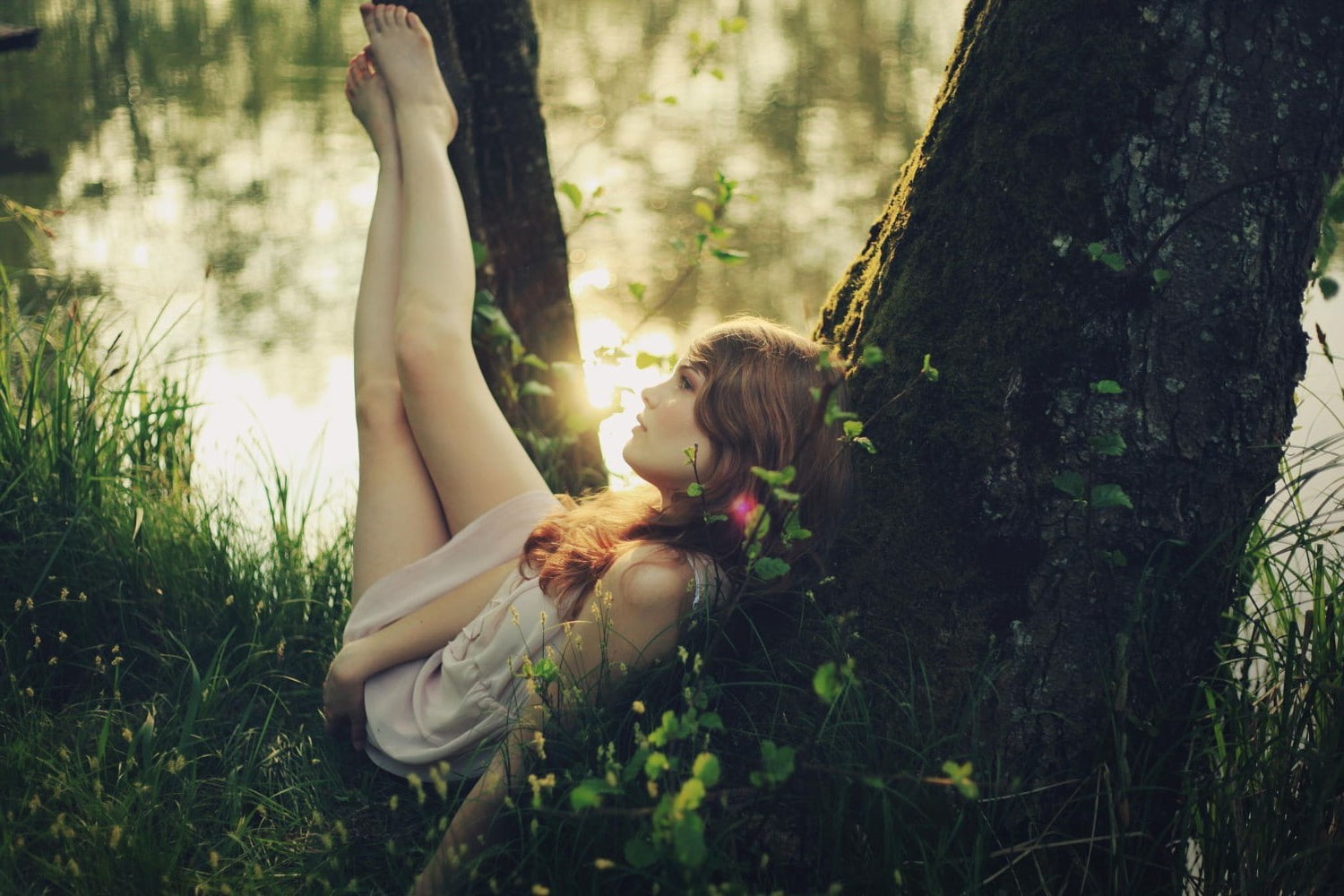 720P, land, human arm, tree trunk, young women, plant, arms raised, day, tree, contemplation, forest, women women outdoors feet in the air barefoot brunette looking away trees, HD Wallpaper
