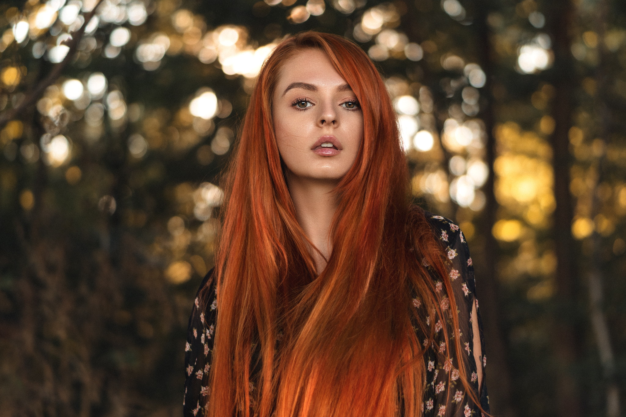 looking at viewer, long hair, open mouth, Martin Kühn, redhead, women outdoors, trees, 1080P, portrait, dyed hair, women, HD Wallpaper