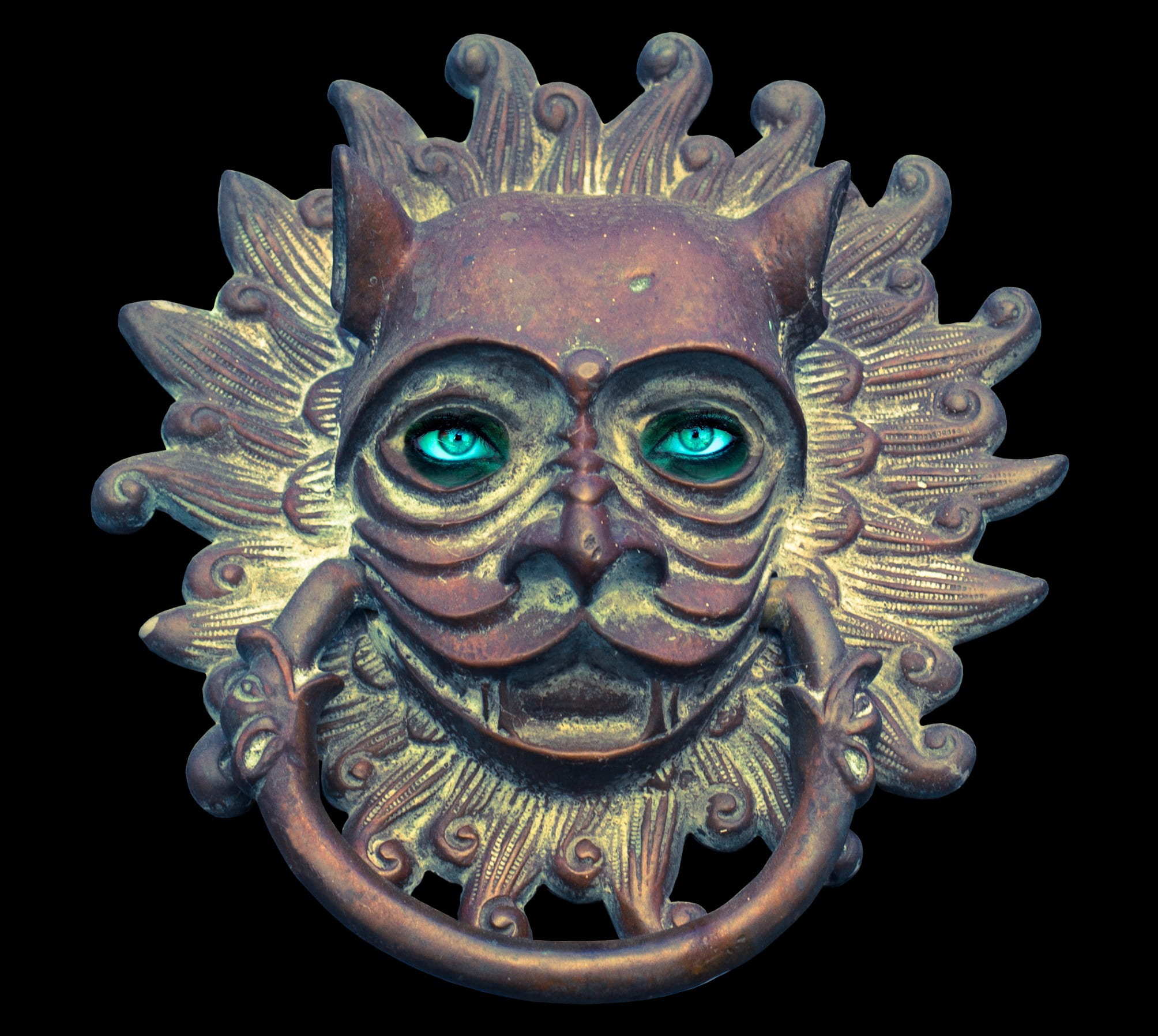 door hardware, sculpture, steel, fitting, studio shot, decorative, yellow, ears, close-up, brown, ornament, metal handle, eyes, creativity, knocker, mask, HD Wallpaper