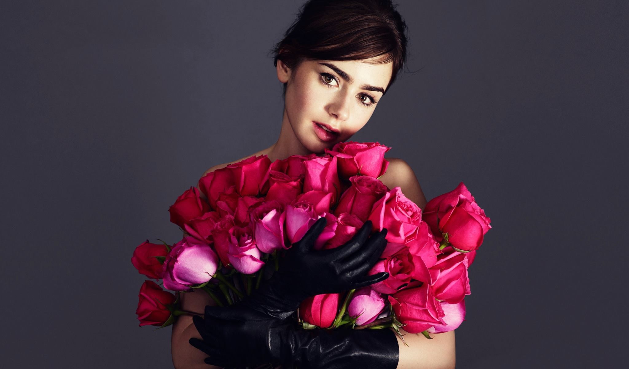 actress, flowers, black gloves, 1080P, portrait, brunette, Lily Collins, women, roses, HD Wallpaper