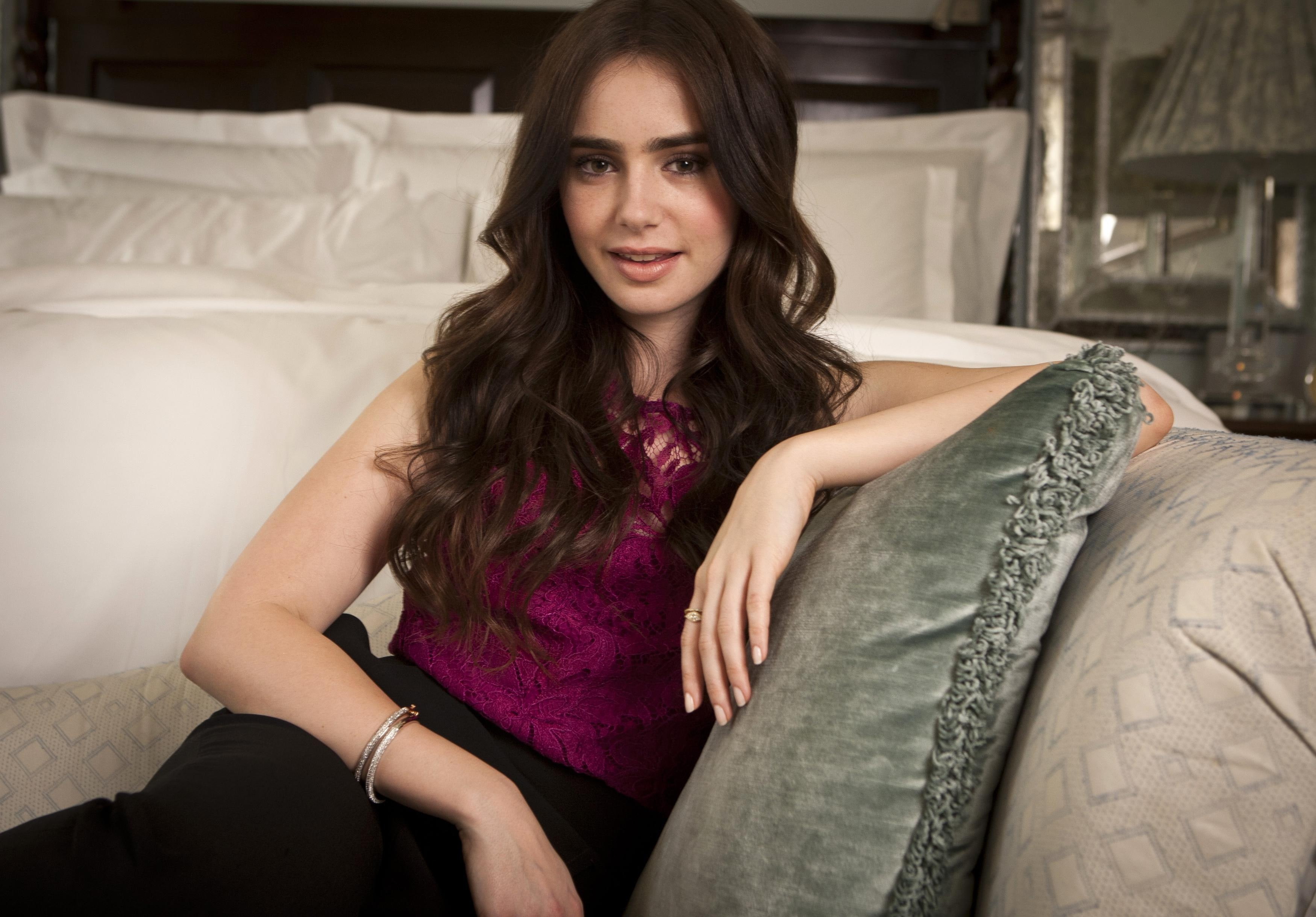 women, adult, indoors, celebrity, Lily Collins, young adult, front view, lifestyles, sofa, actress, looking at viewer, long hair, beautiful woman, looking at camera, HD Wallpaper