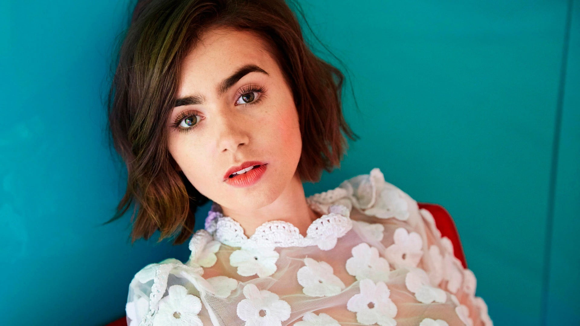 blue background, dress, females, 1080P, Lily Collins, lifestyles, real people, one person, simple background, portrait, open mouth, white, woman, indoors, HD Wallpaper