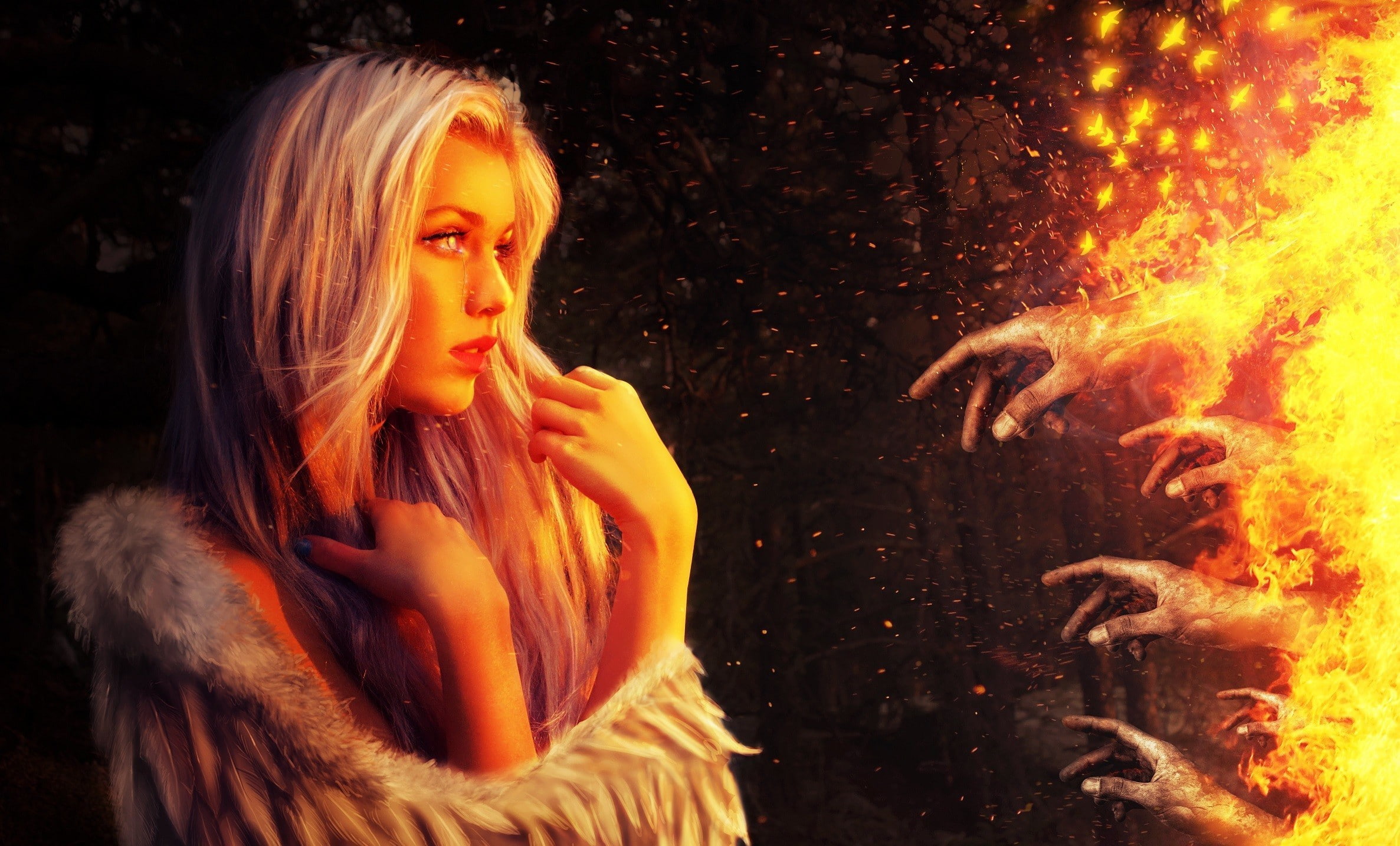 artwork, fantasy art, platinum blonde, hands, Miranda Hedman, 1080P, women, fire, HD Wallpaper