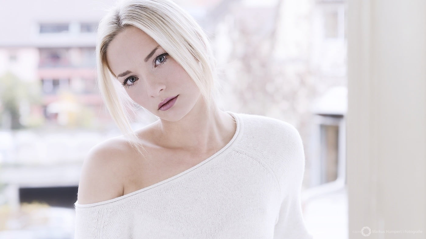white sweater, headshot, hairstyle, adult, confidence, contemplation, portrait, looking at camera, blond hair, front view, hair, casual clothing, women, HD Wallpaper