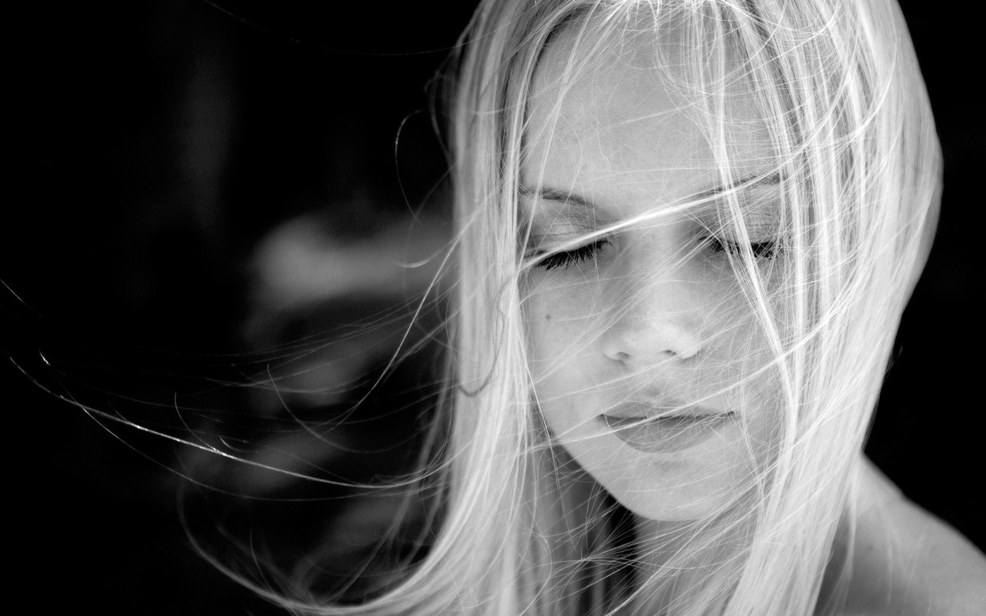 black background, real people, face, leisure activity, platinum blonde, teenager, long hair, young adult, one person, closed eyes, looking at camera, blonde, HD Wallpaper