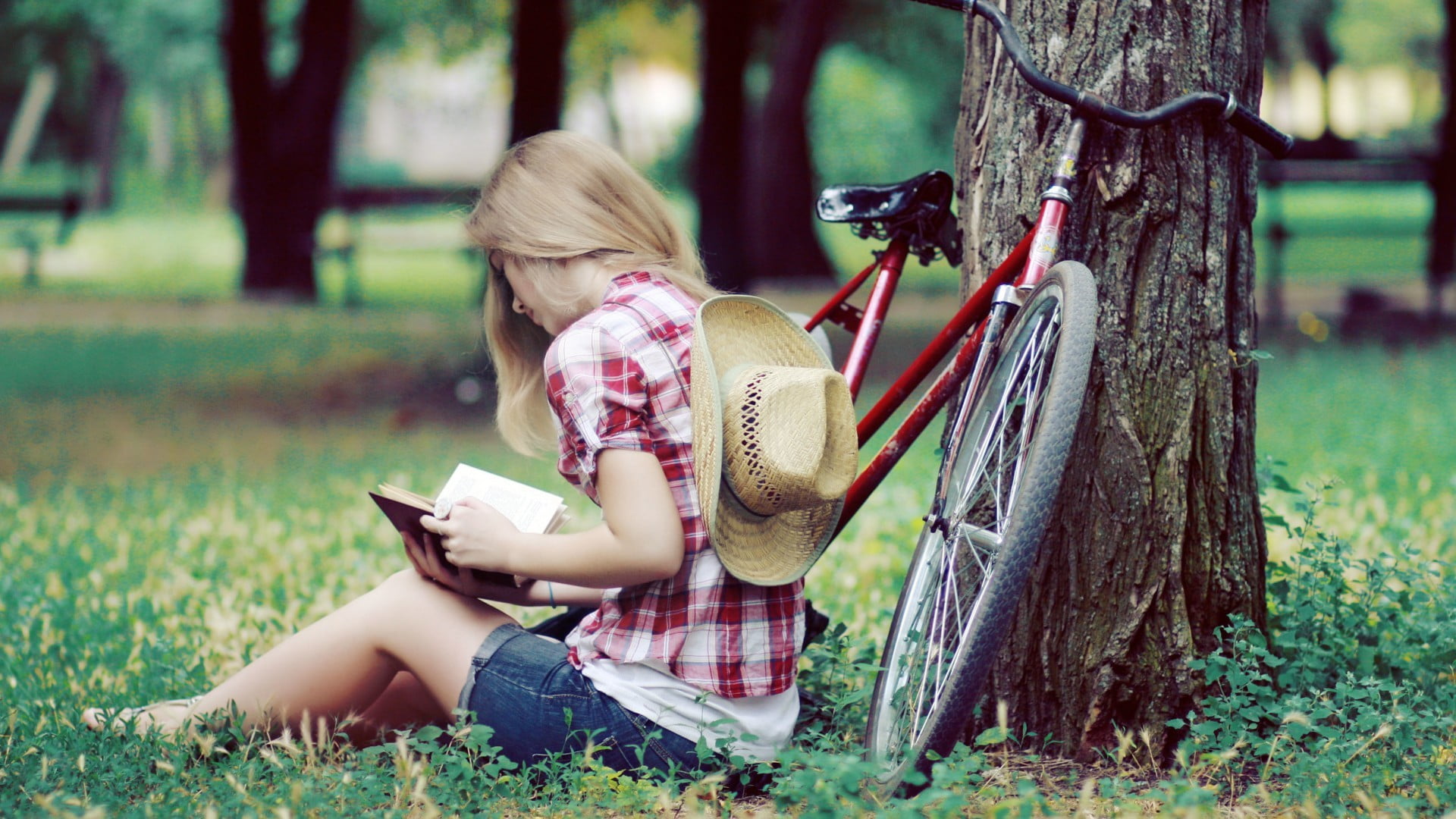 outdoors, females, child, full length, grass, casual clothing, bicycle, park, women, red, childhood, jean shorts, blonde, sitting, plaid, woman, blond hair, HD Wallpaper